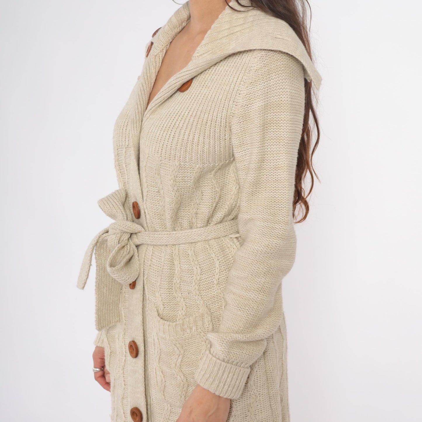 70s Dawn International Cable Knit Cardigan Cream Shawl Collar Duster Small