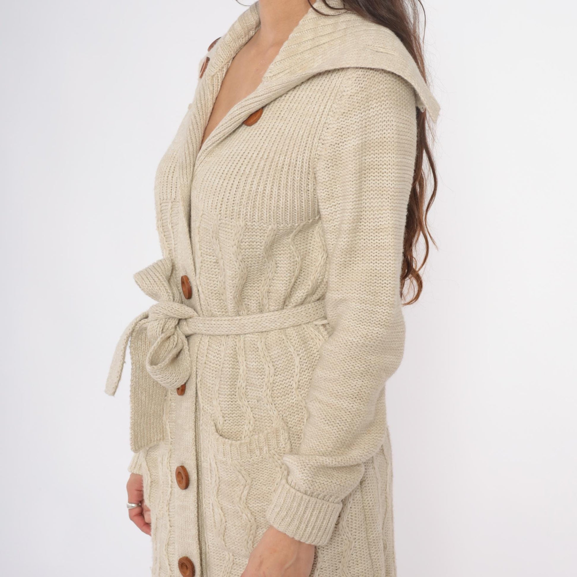 70s Dawn International Cable Knit Cardigan Cream Shawl Collar Duster Small