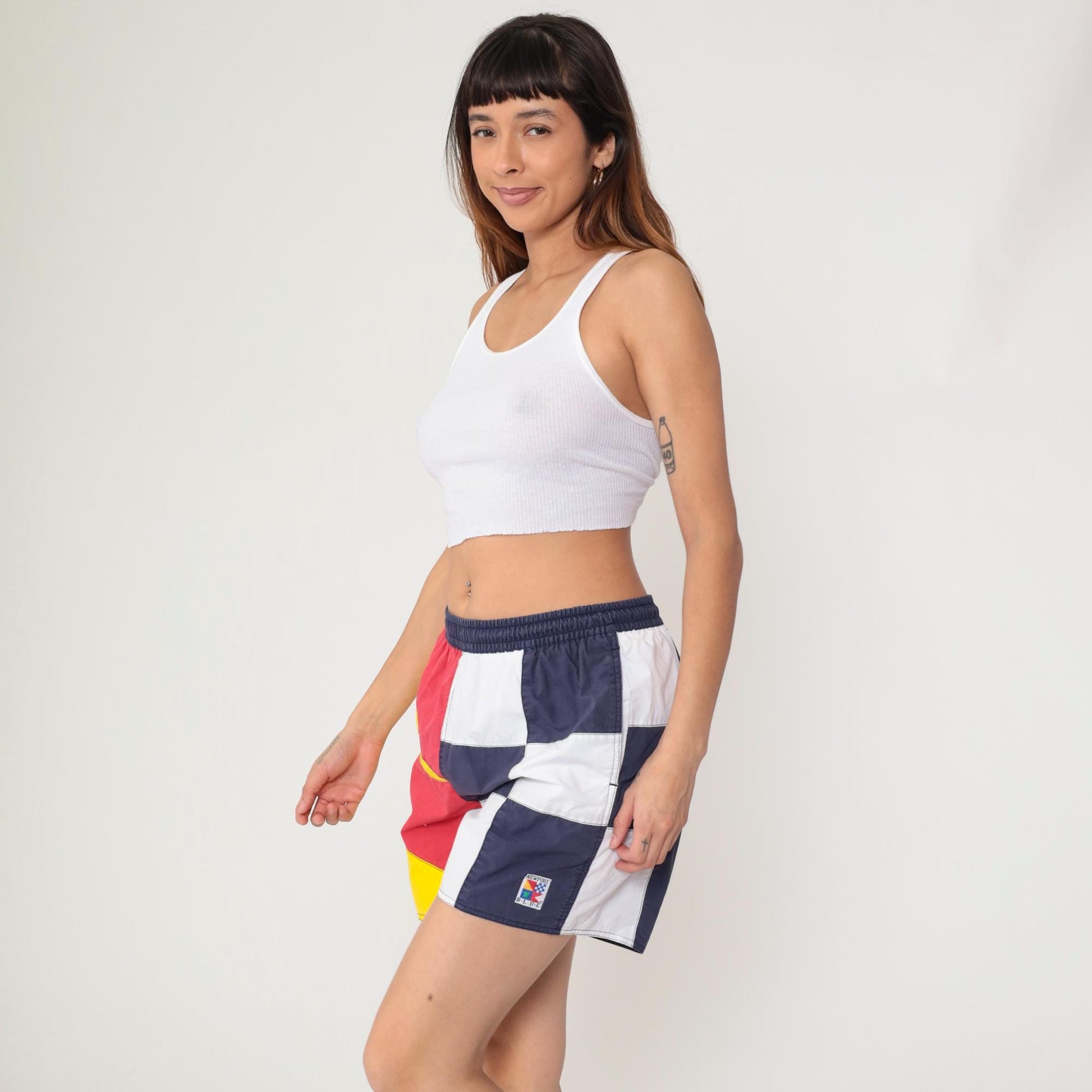 90s Newport Blue Colorblock Swim Shorts Navy White Red Yellow Medium Large