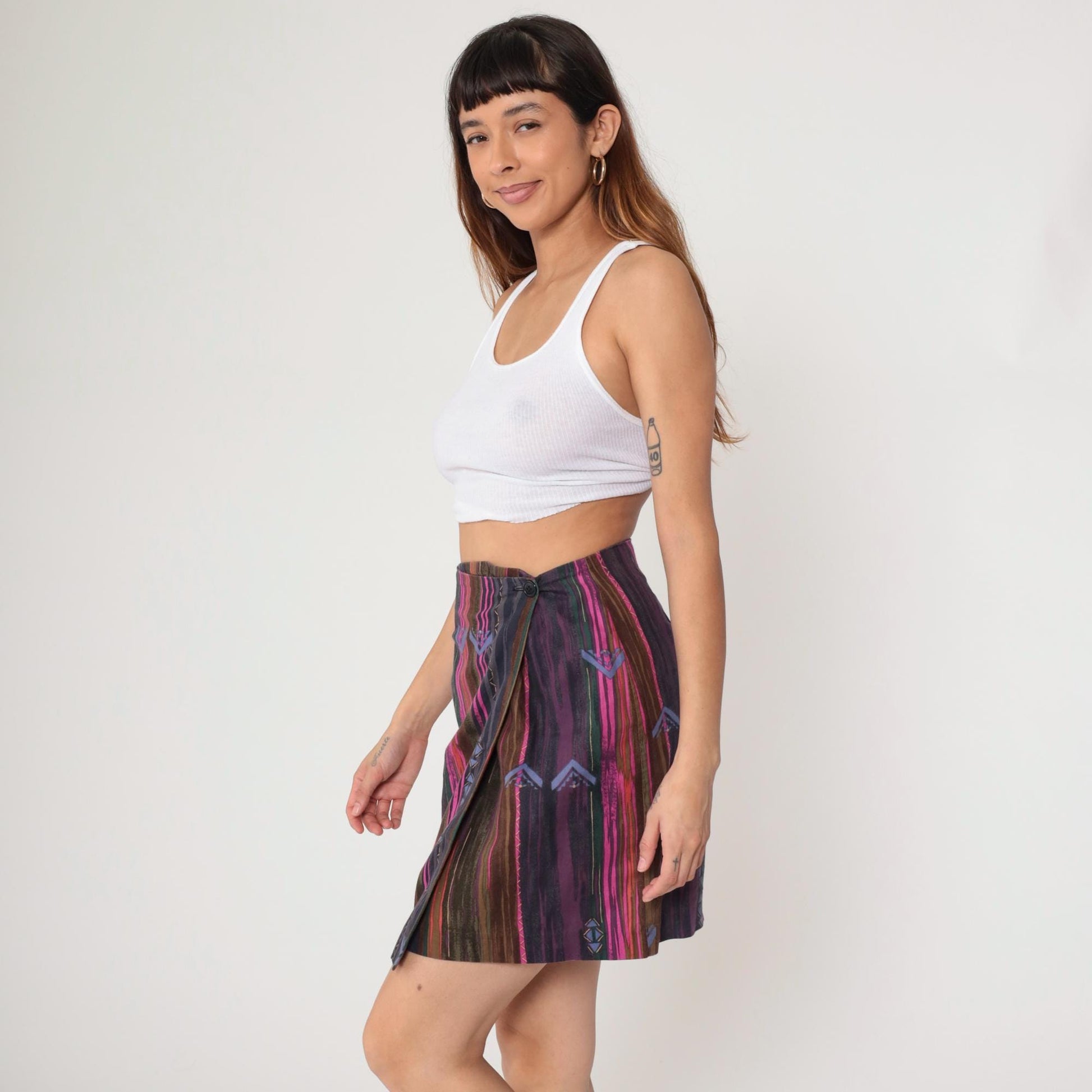 90s Fox & Hound Striped Cotton Mini Wrap Skirt Geometric Purple Pink Medium