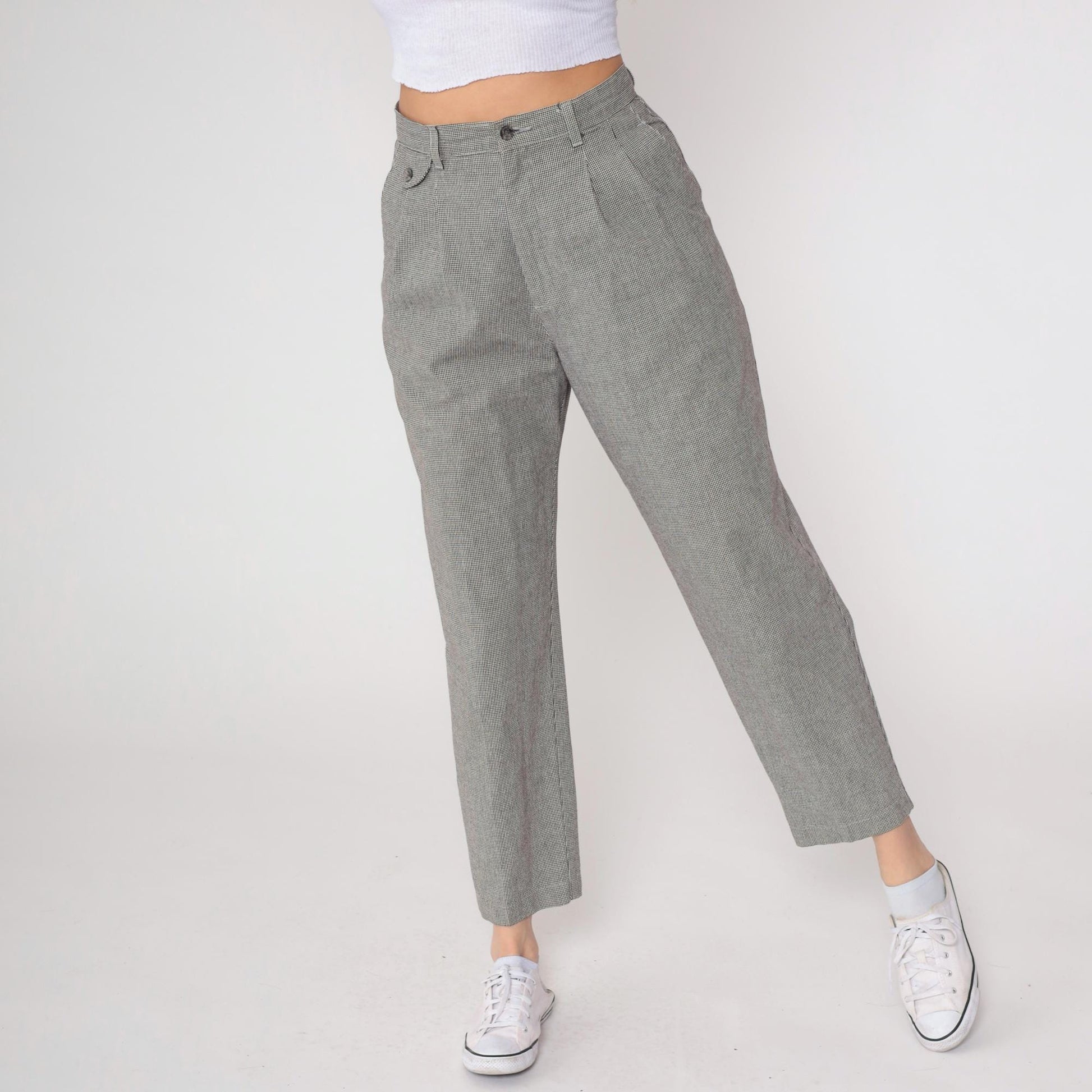 80s Lee Casuals Gray Houndstooth High Waist Tapered Ankle Trousers 29