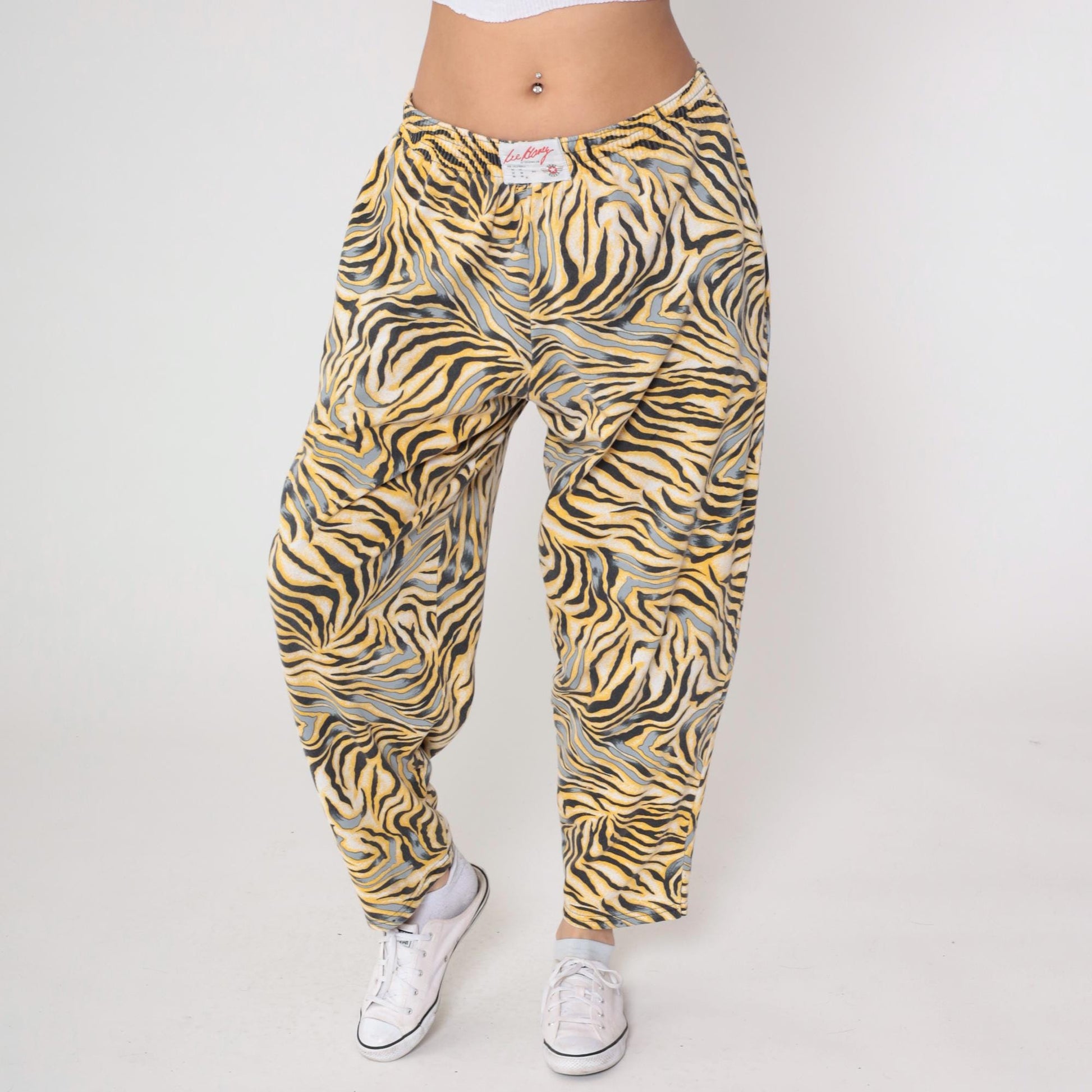 90s Body Bizz Abstract Tiger Print Pants Yellow Gold Black Large L
