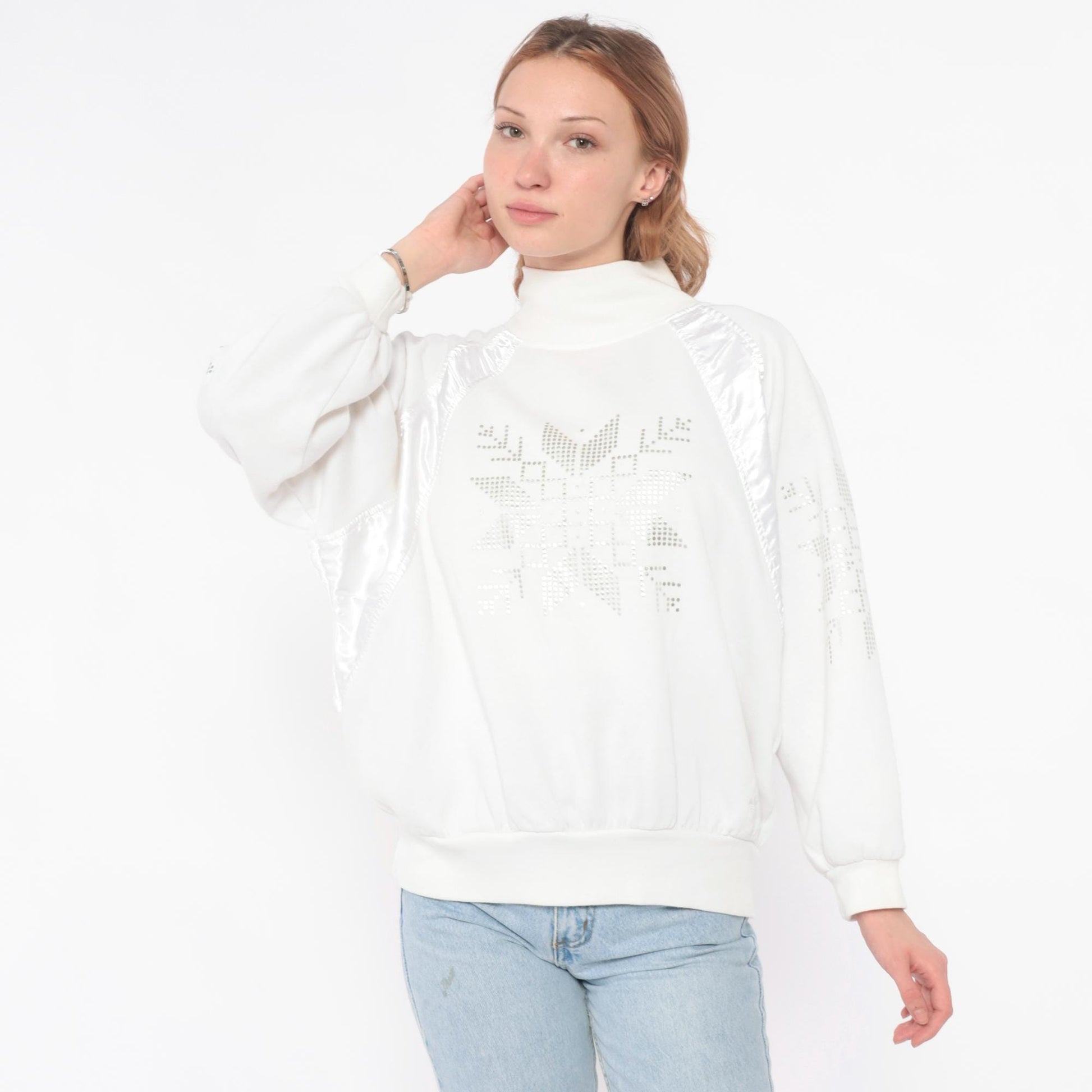 90s Adidas White Rhinestone Snowflake Sweatshirt Satin Panel Medium M