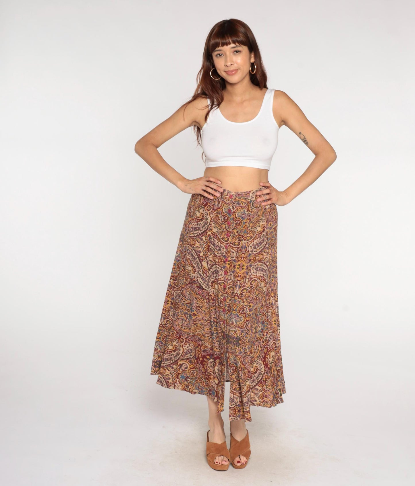 90s Express Paisley Midi Skirt Button Front Brown Purple Gold Medium M