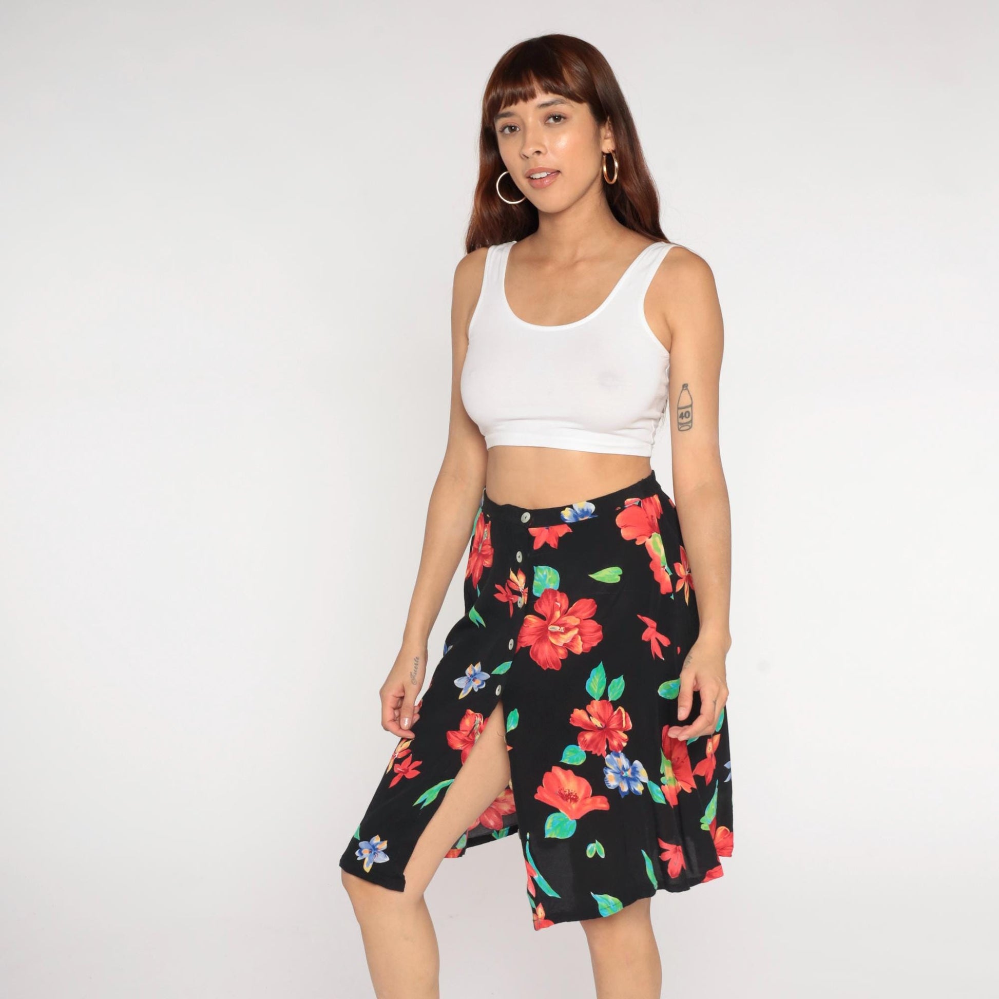 90s Worthington Floral Mini Skirt Black Button Front Tropical Print Large