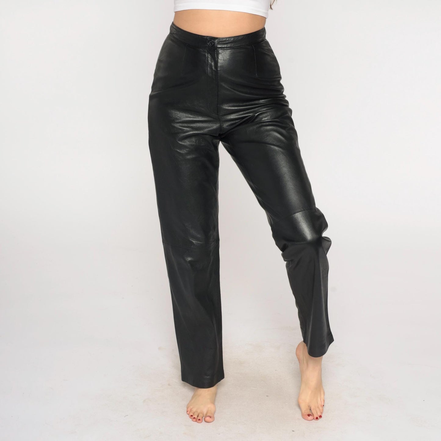 90s Black Leather Pants High Waist Straight Leg Small S