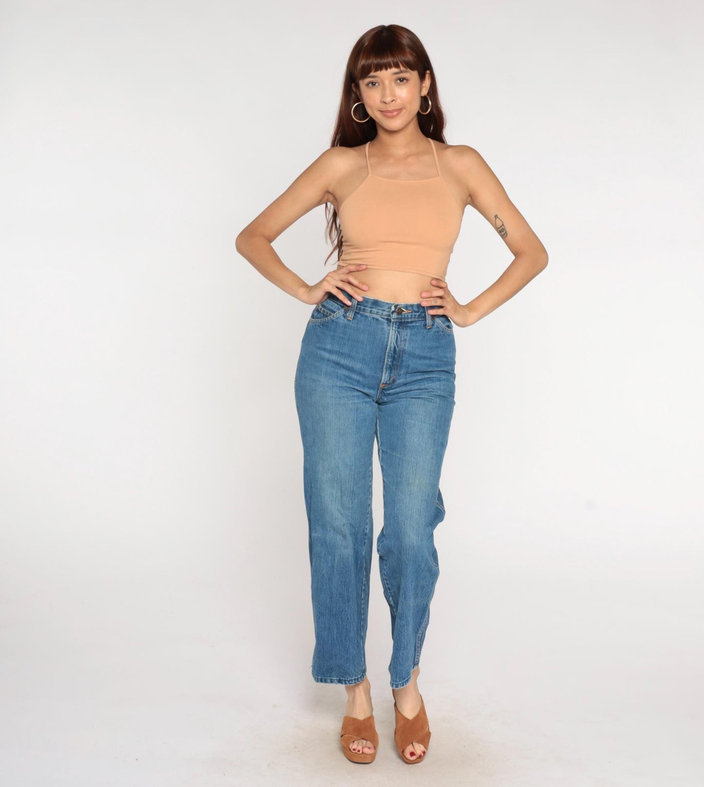 80s H.I.S High Waisted Straight Leg Jeans Medium Blue Orange Stitching Medium