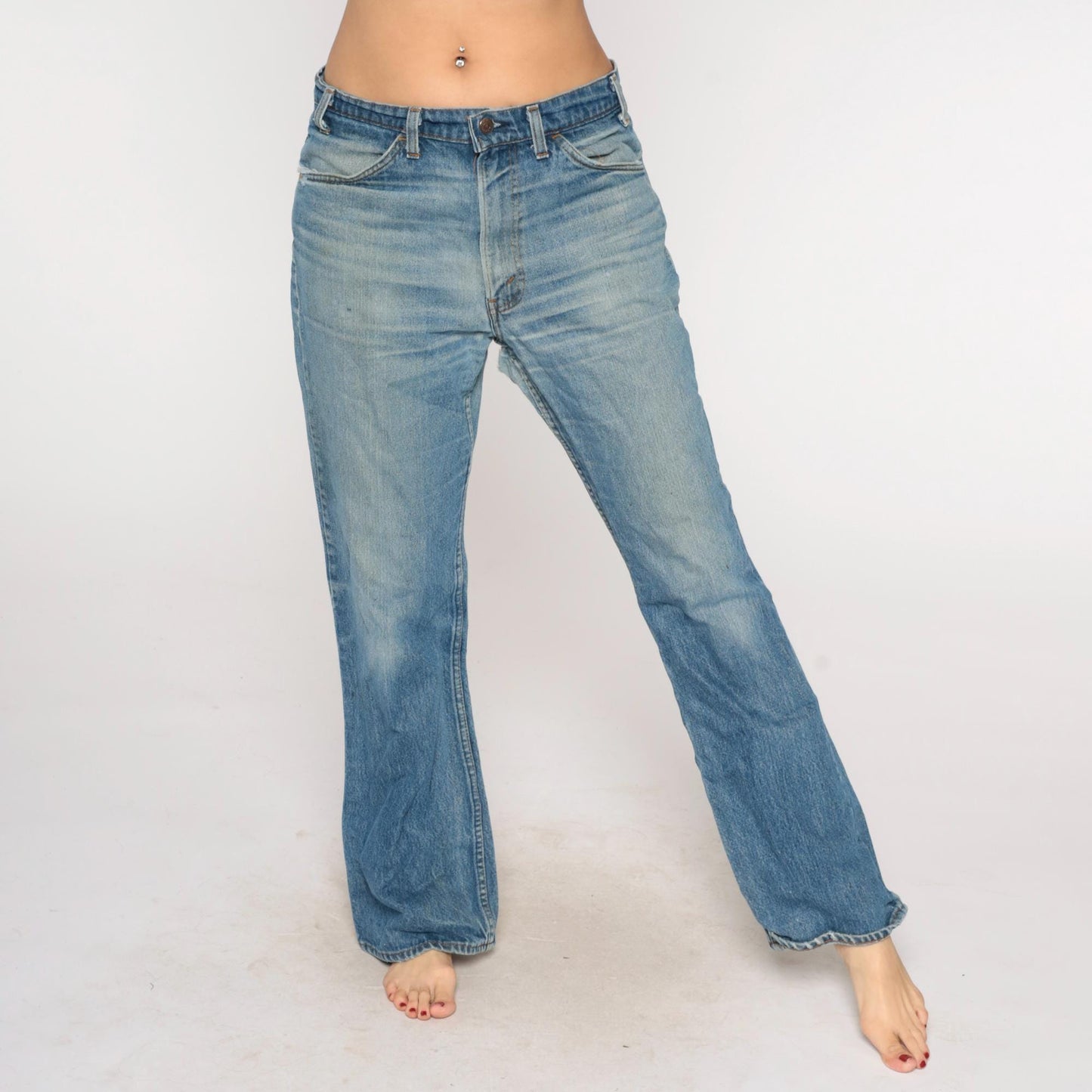 80s Levi's Bootcut Jeans Light Blue Faded Orange Tab Button Fly 34W 31L