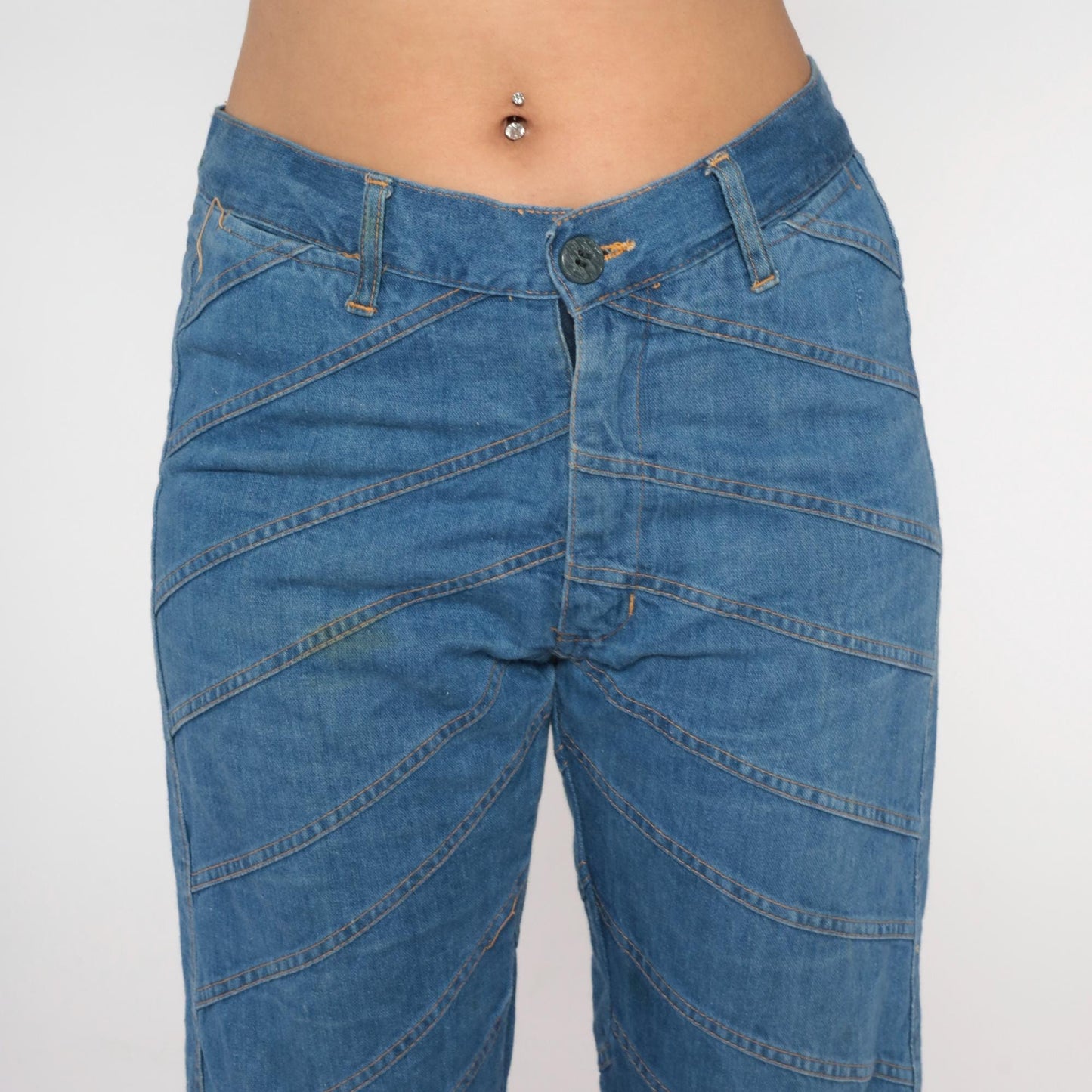 70s Light Blue Denim Bell Bottom Jeans Chevron Seam High Waist Large