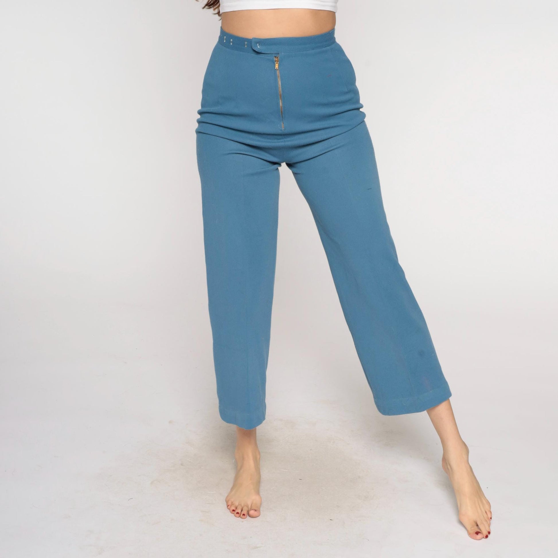 70s Dusty Blue High-Waisted Straight Leg Cropped Trousers Extra Small XS