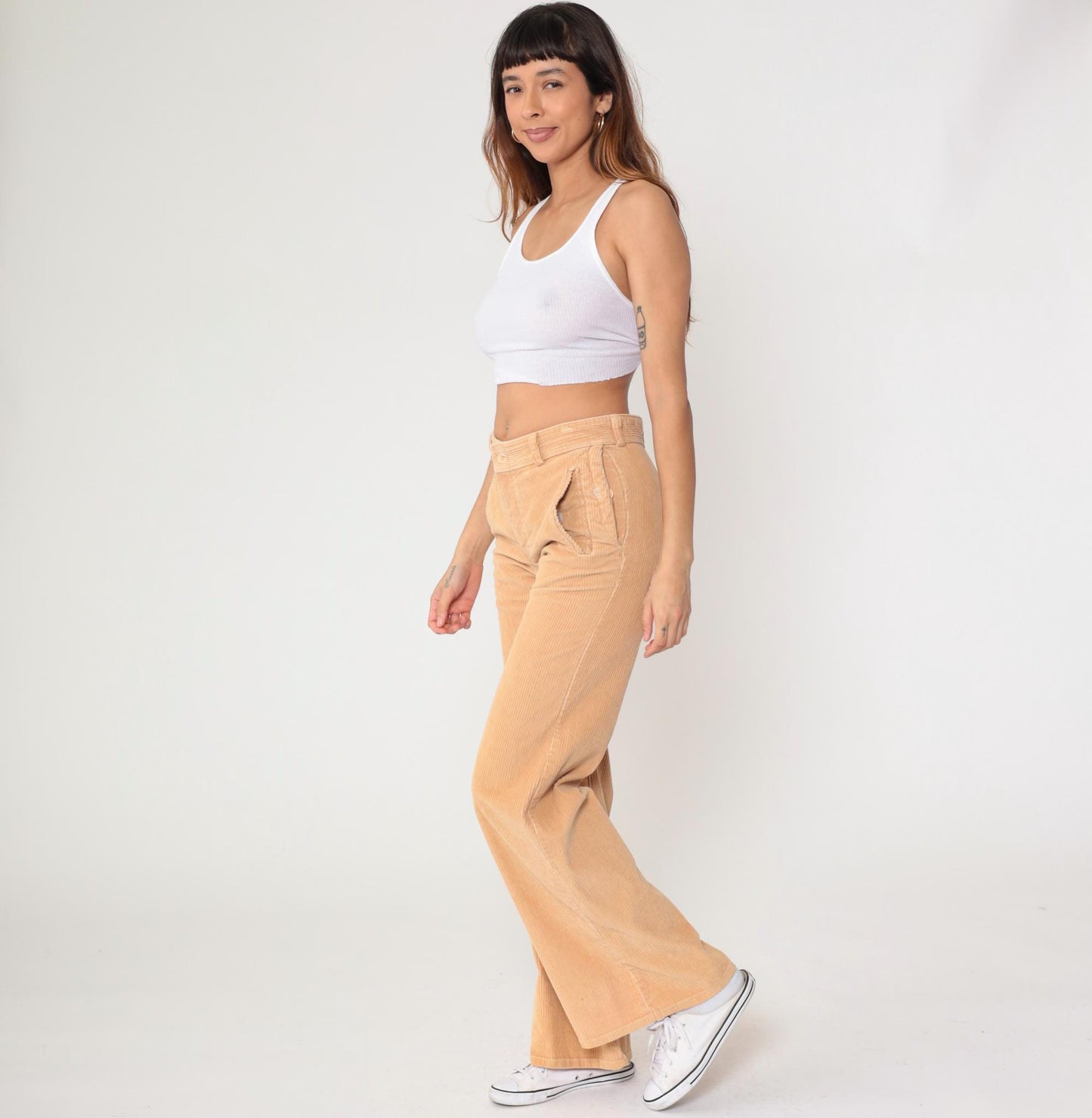 80s A Smile Inc Corduroy Bell Bottom Pants Beige High Waist Small