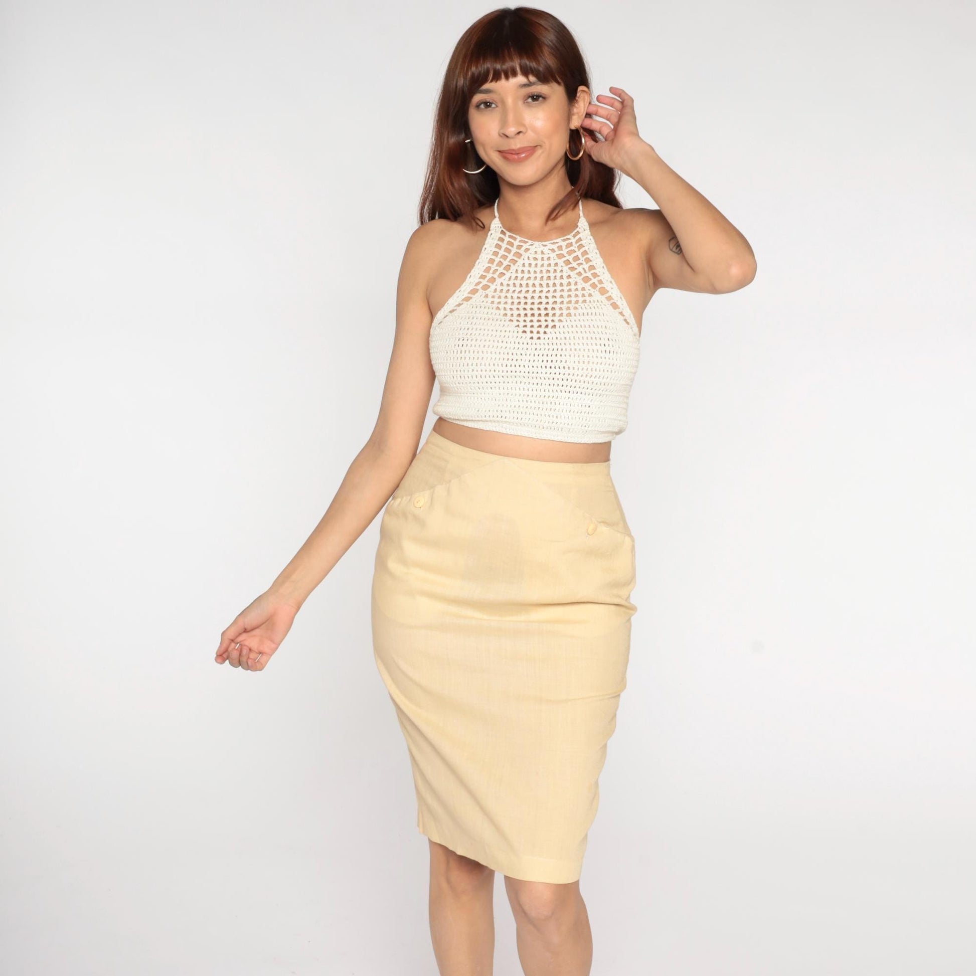 80s Pale Yellow Pencil Skirt High Waist Linen Blend Medium