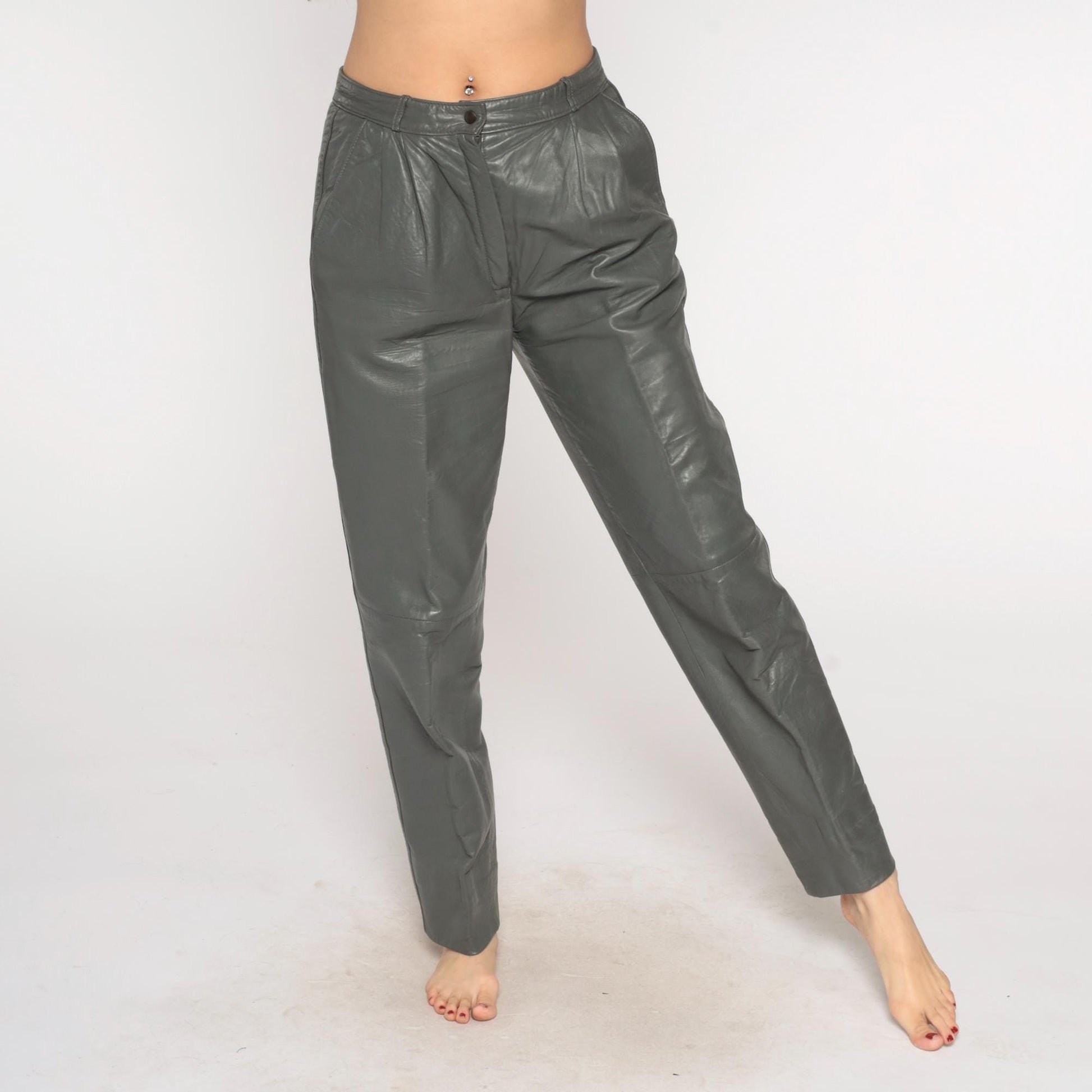 80s Grey Leather Pants High Waist Pleated Front Tapered Leg Medium