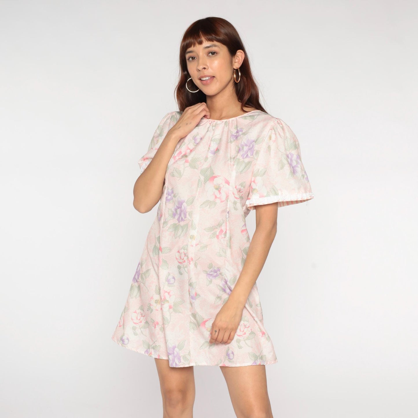 80s Pastel Floral Mini Dress Puff Sleeve Pink Purple Green A-Line Medium M