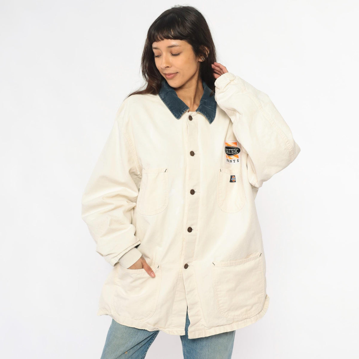 90s Dickies Porter Paints Work Jacket Cream Corduroy Collar Flannel Lined Extra Large