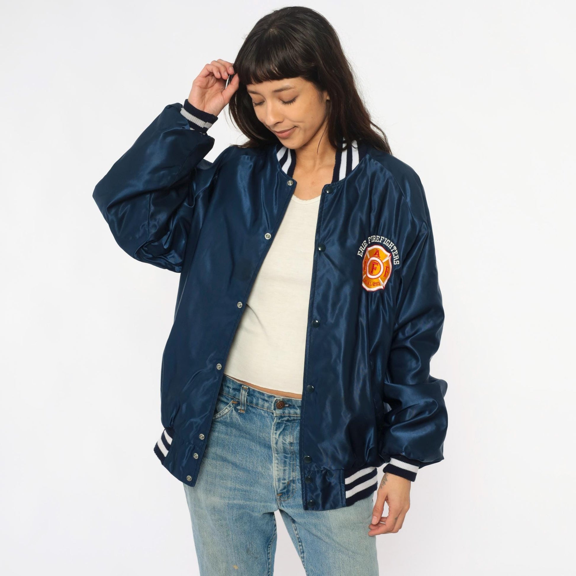 90s Erie Firefighters Navy Satin Bomber Jacket Embroidered Patch Extra Large XL
