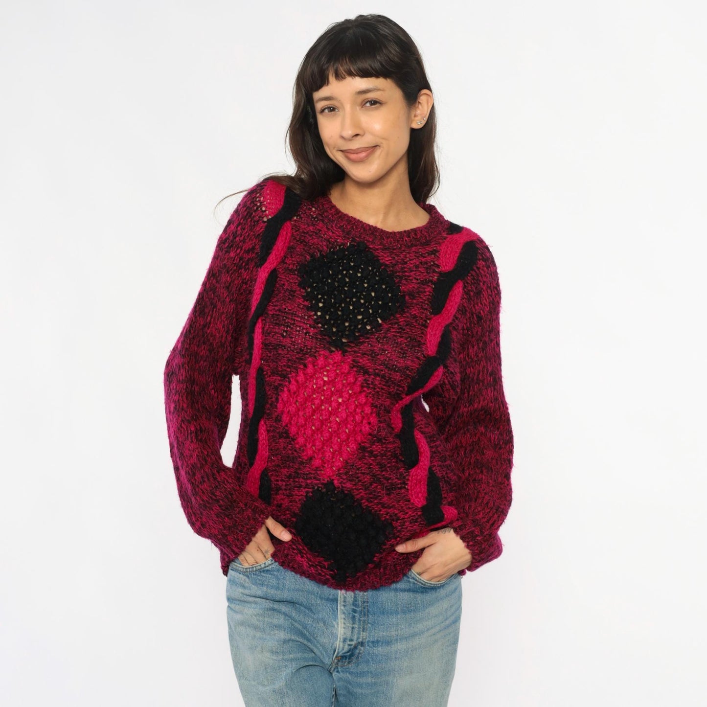 80s Safret Burgundy Diamond Cable Knit Sweater Medium M