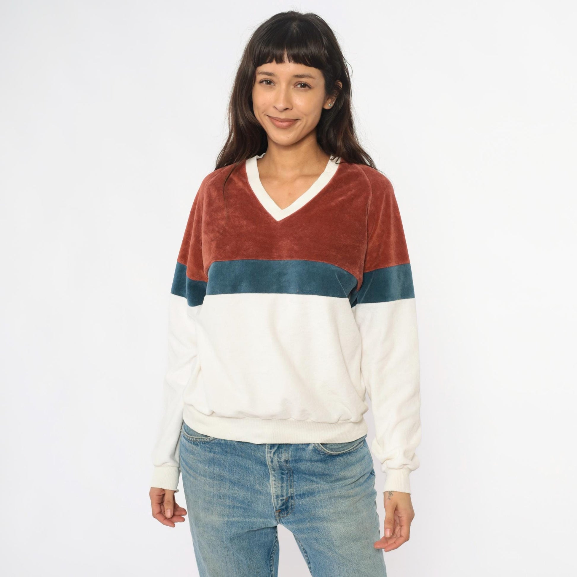80s Expressions Velour Sweatshirt Color Block Brown Teal Cream Raglan Medium