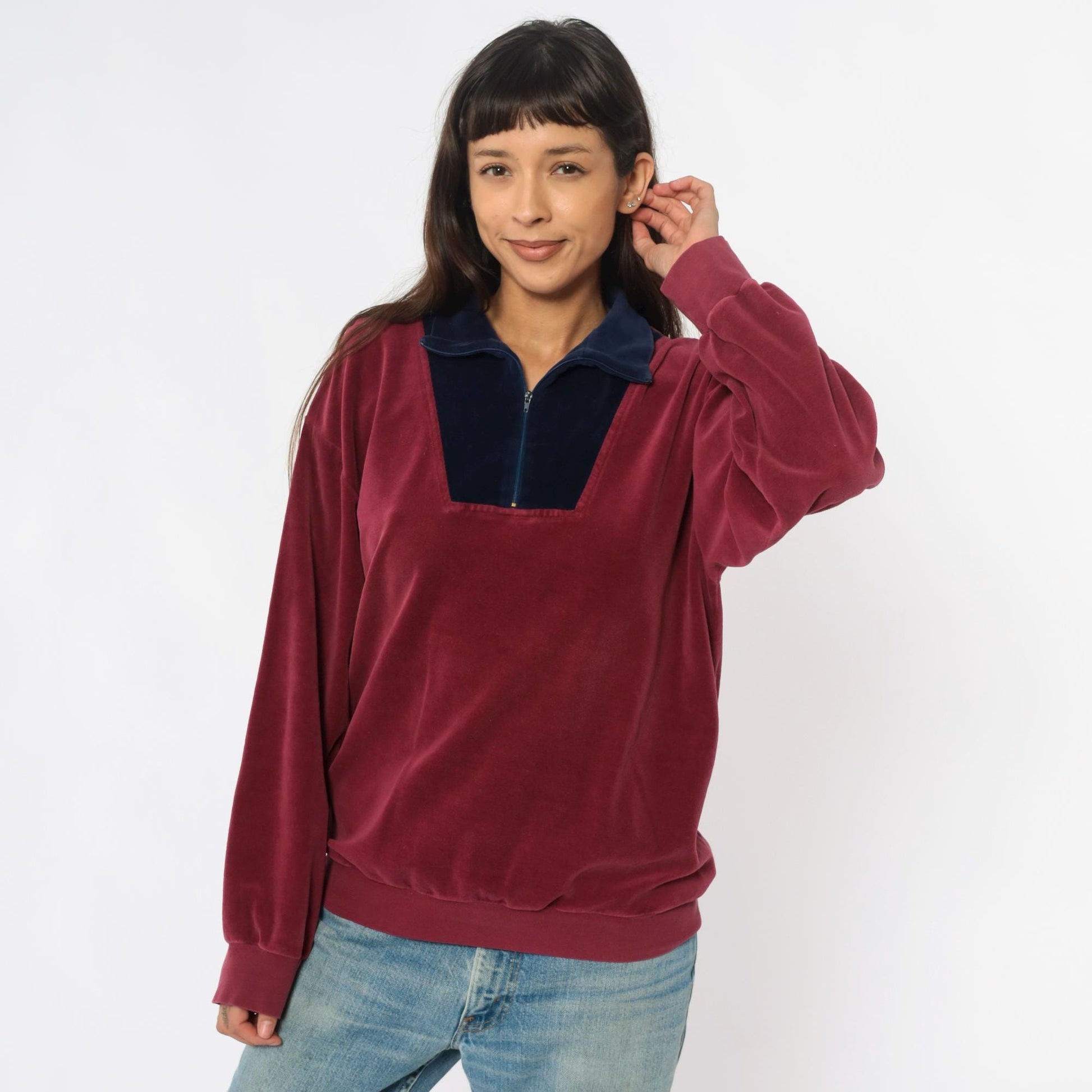 80s Velour Pullover Burgundy Navy Colorblock Half Zip Collared Track Top Medium