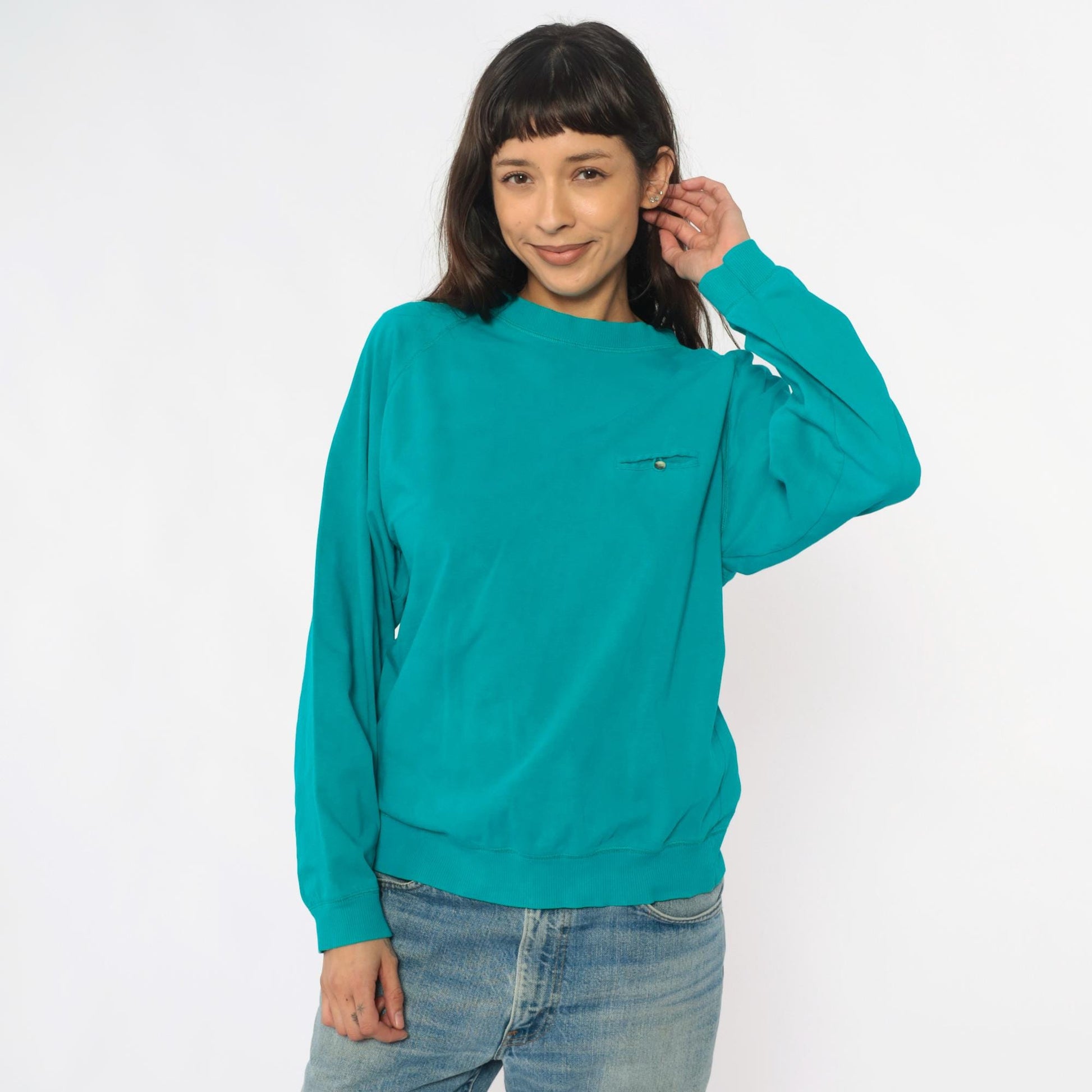 90s Turquoise Cotton Raglan Sweatshirt Pocket Button Detail Medium M
