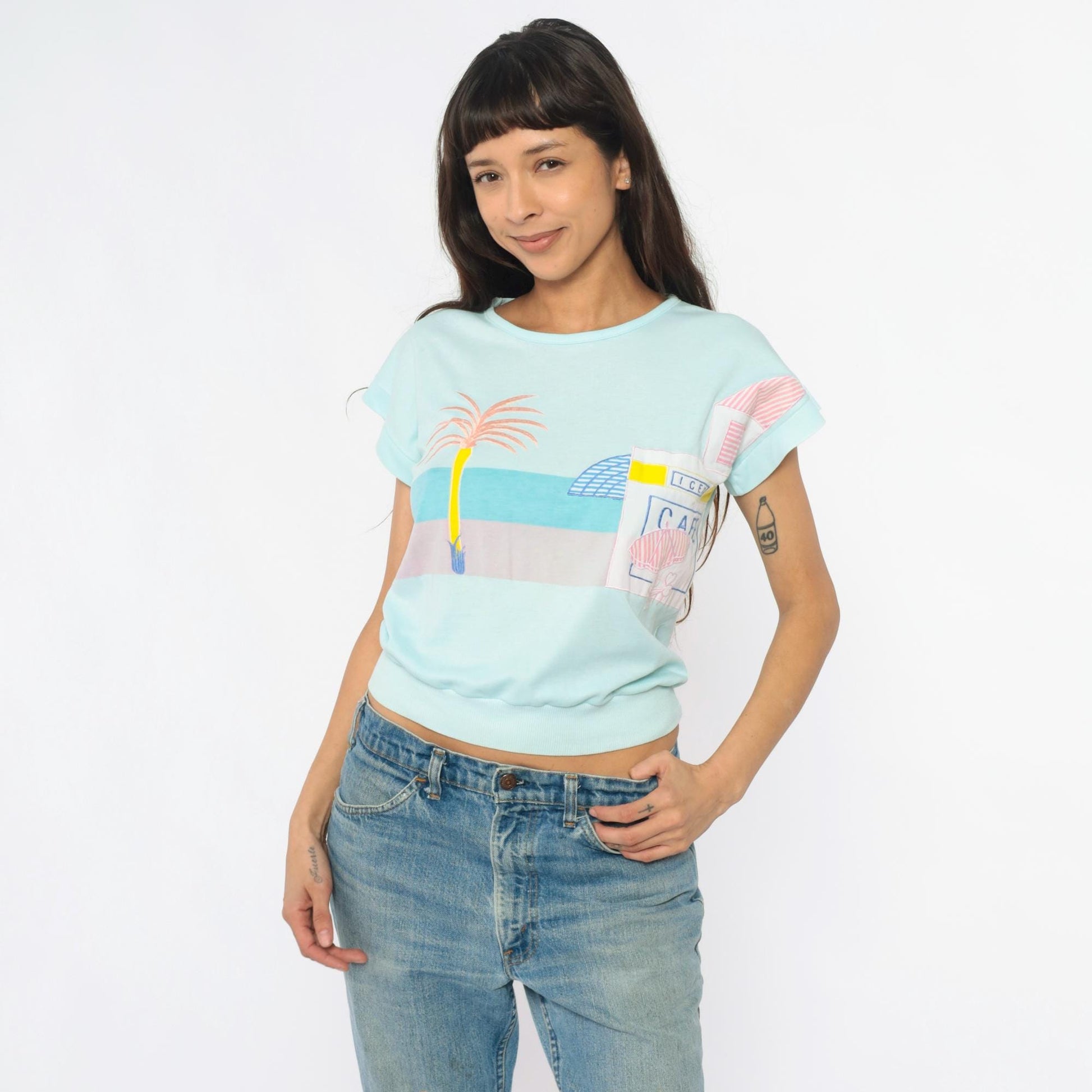 80s Beach Cafe Graphic Sweatshirt Mint Blue Cropped Pocket Medium