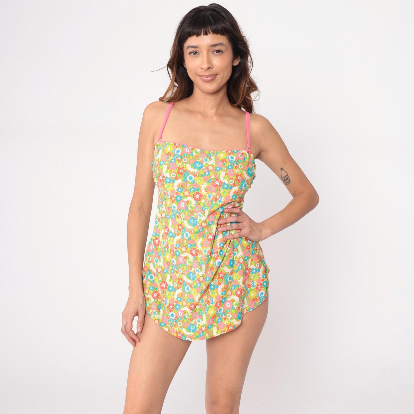 80s Sea Waves Floral One-Piece Swimsuit Skirted Halter Multicolor Large