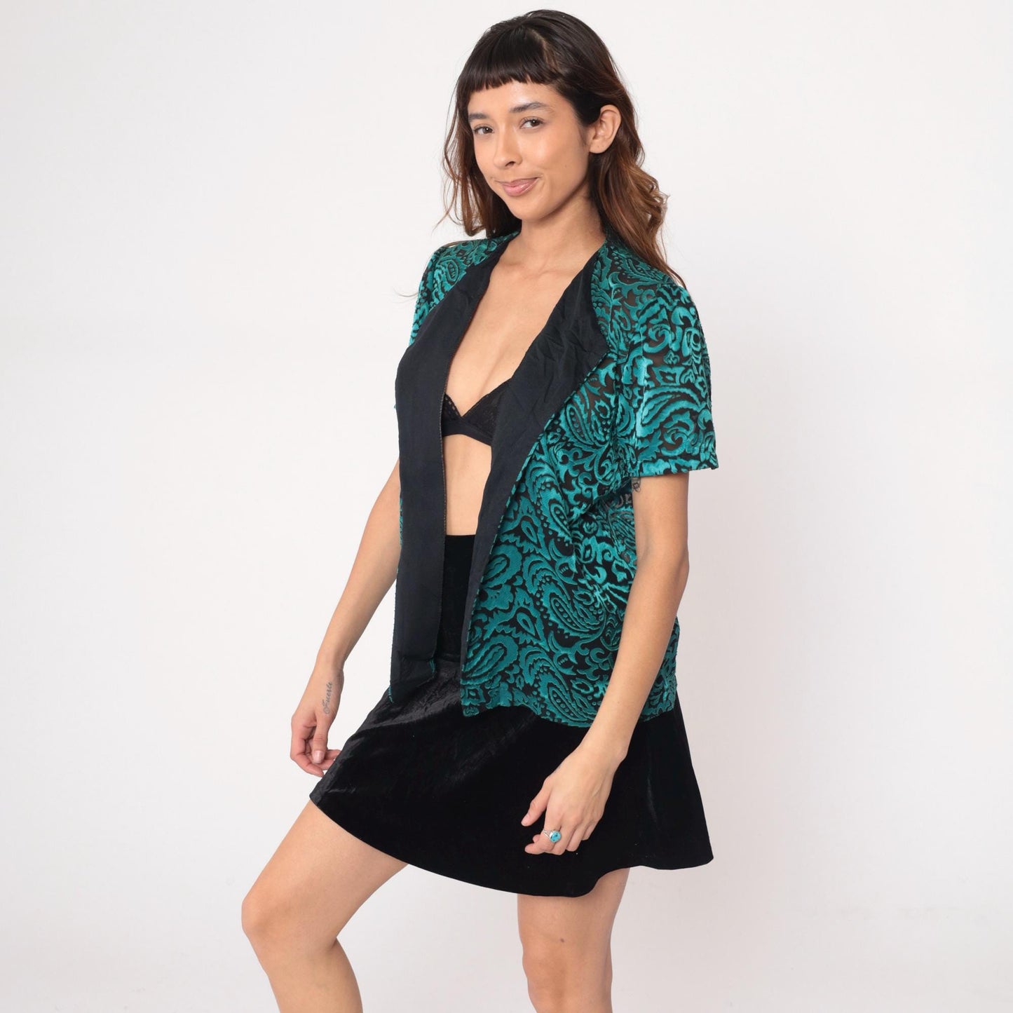 90s Turquoise Paisley Velvet Cardigan Black Trim Short Sleeve Open Front Medium M