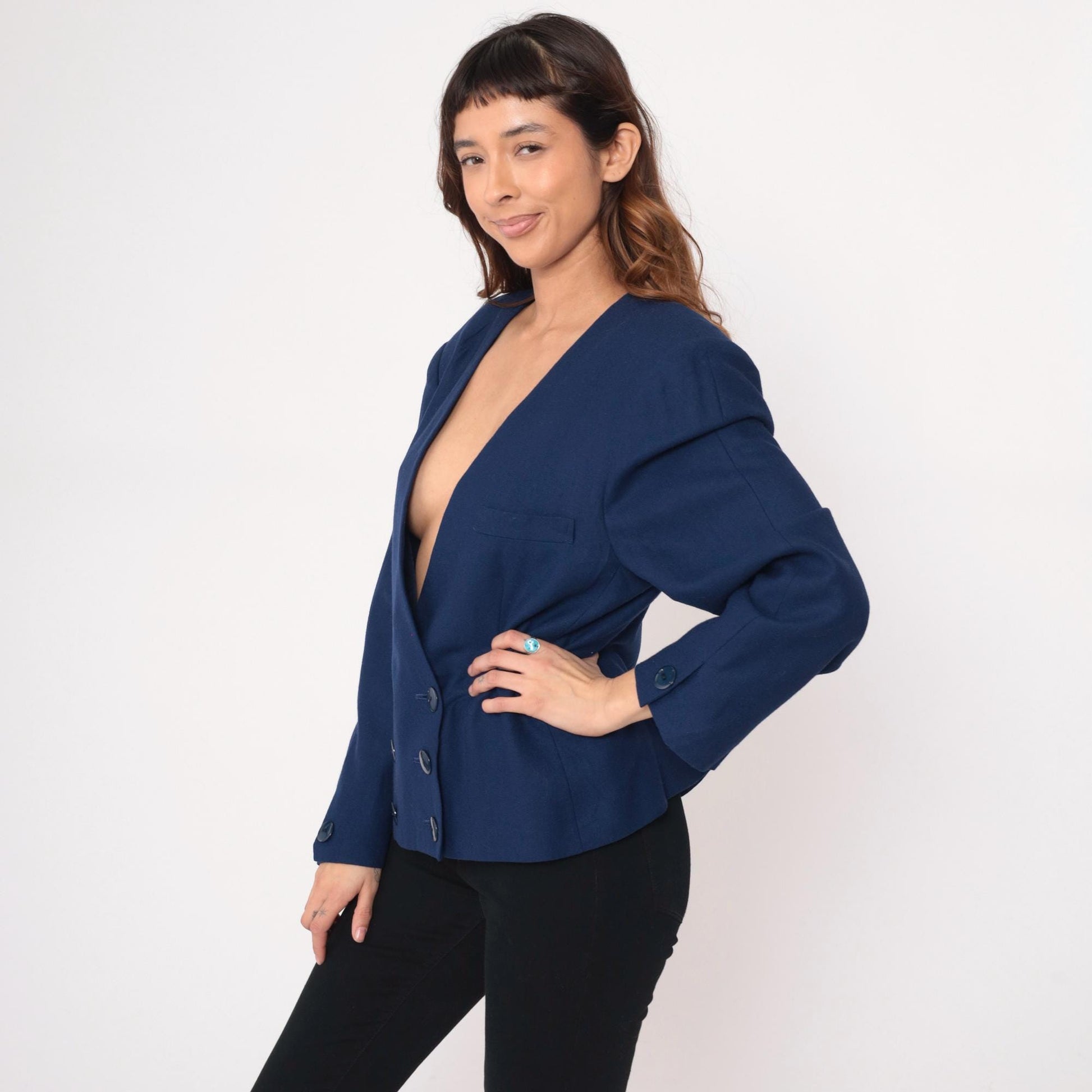 80s Saks Fifth Avenue Navy Wool Blazer Double Breasted Cropped Jacket Large L