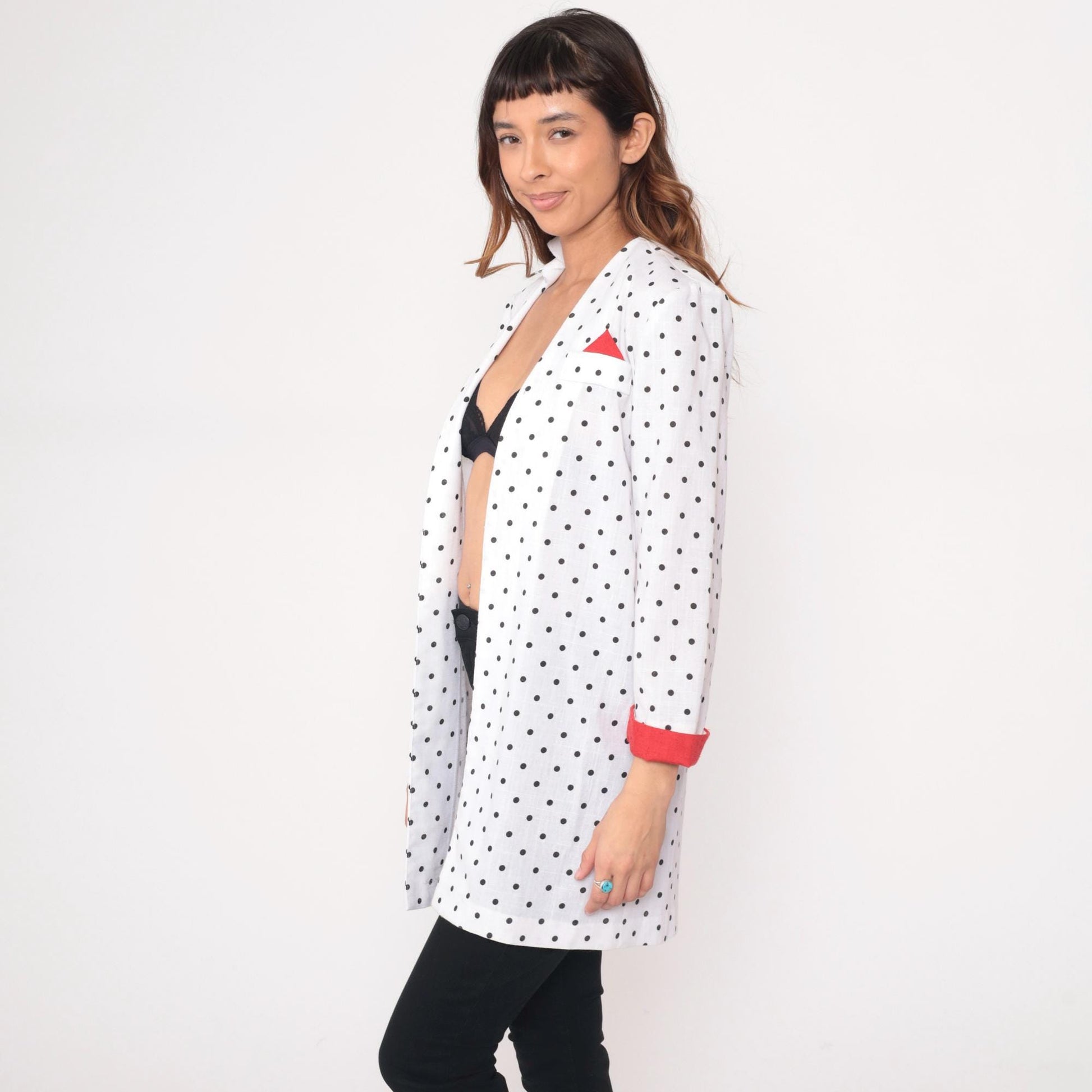 90s Just in Thyme Polka Dot Blazer White Black Red Cuffs Medium M