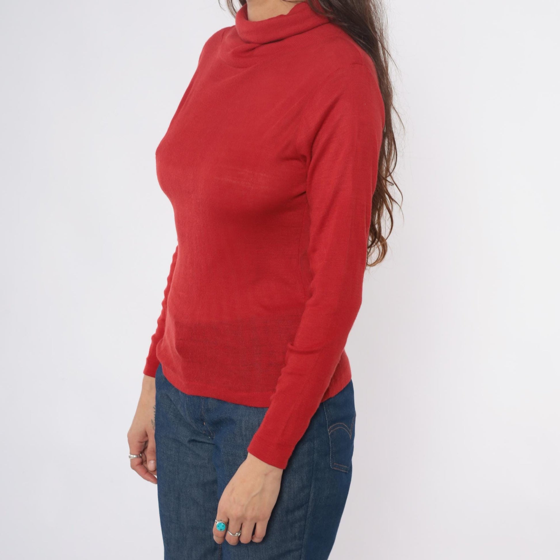 80s Red Turtleneck Acrylic Knit Fitted Long Sleeve Pullover Medium M