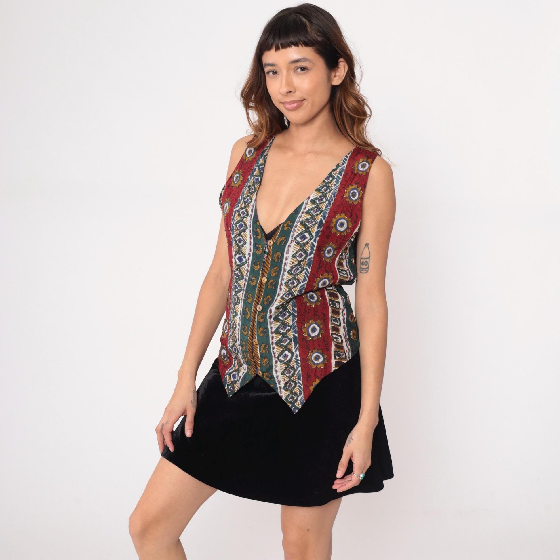 90s Bay Club Reversible Vest Geometric Stripe Deep V Burgundy Navy Teal Small