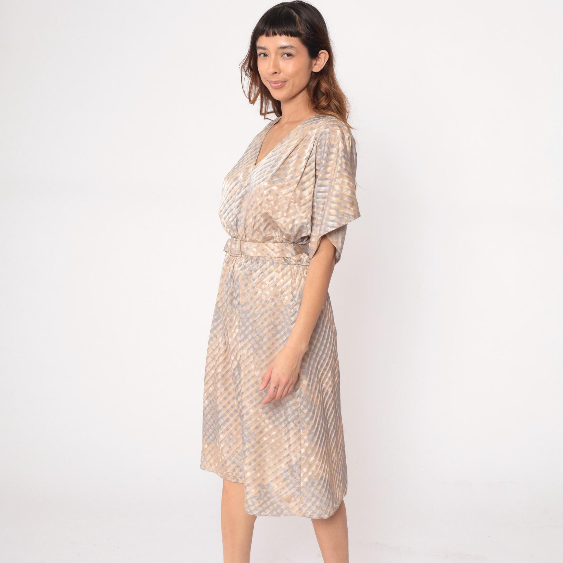 80s Pellini Wrap Dress Beige Polka Dot Diagonal Stripe V-Neck Kimono Sleeve Small