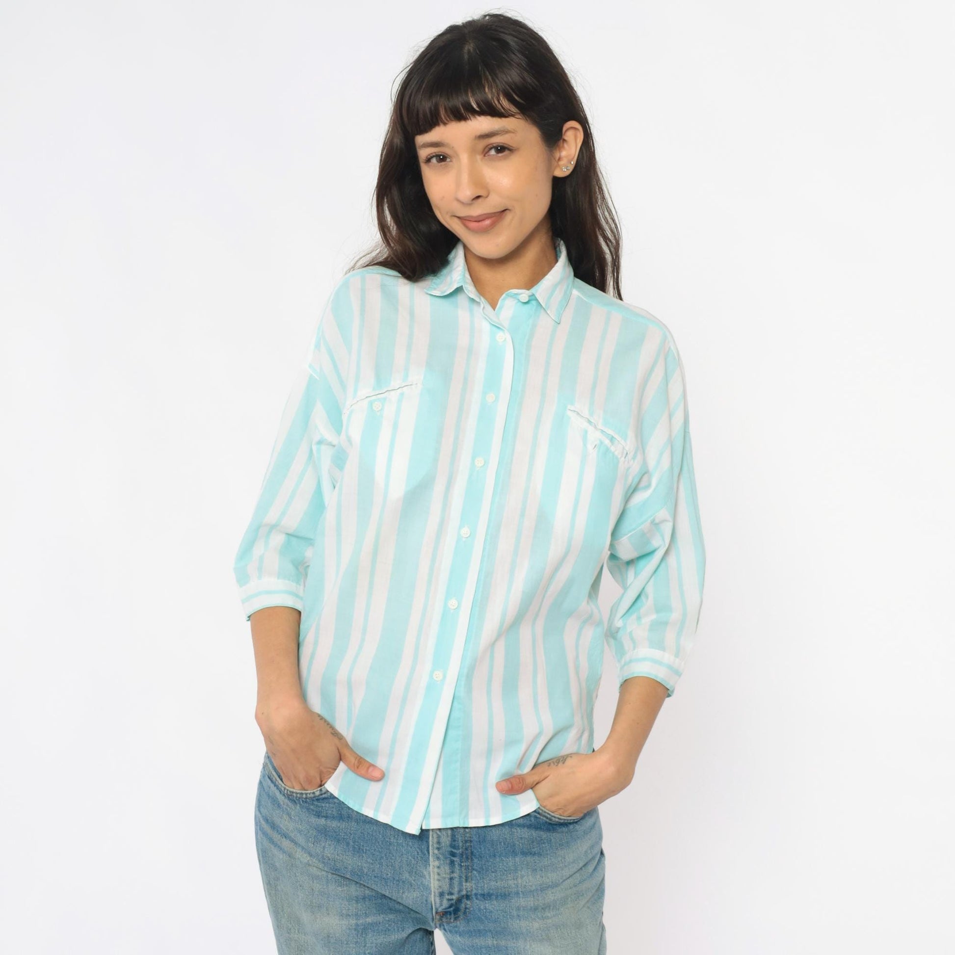 80s Diane von Furstenberg Mint Striped Button-Up Shirt Small S