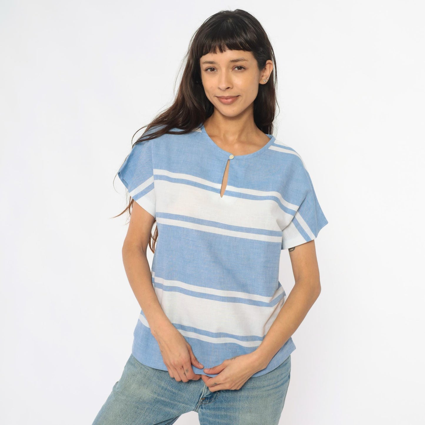 80s Graff Sport Blue White Striped Top Keyhole Neckline Small S