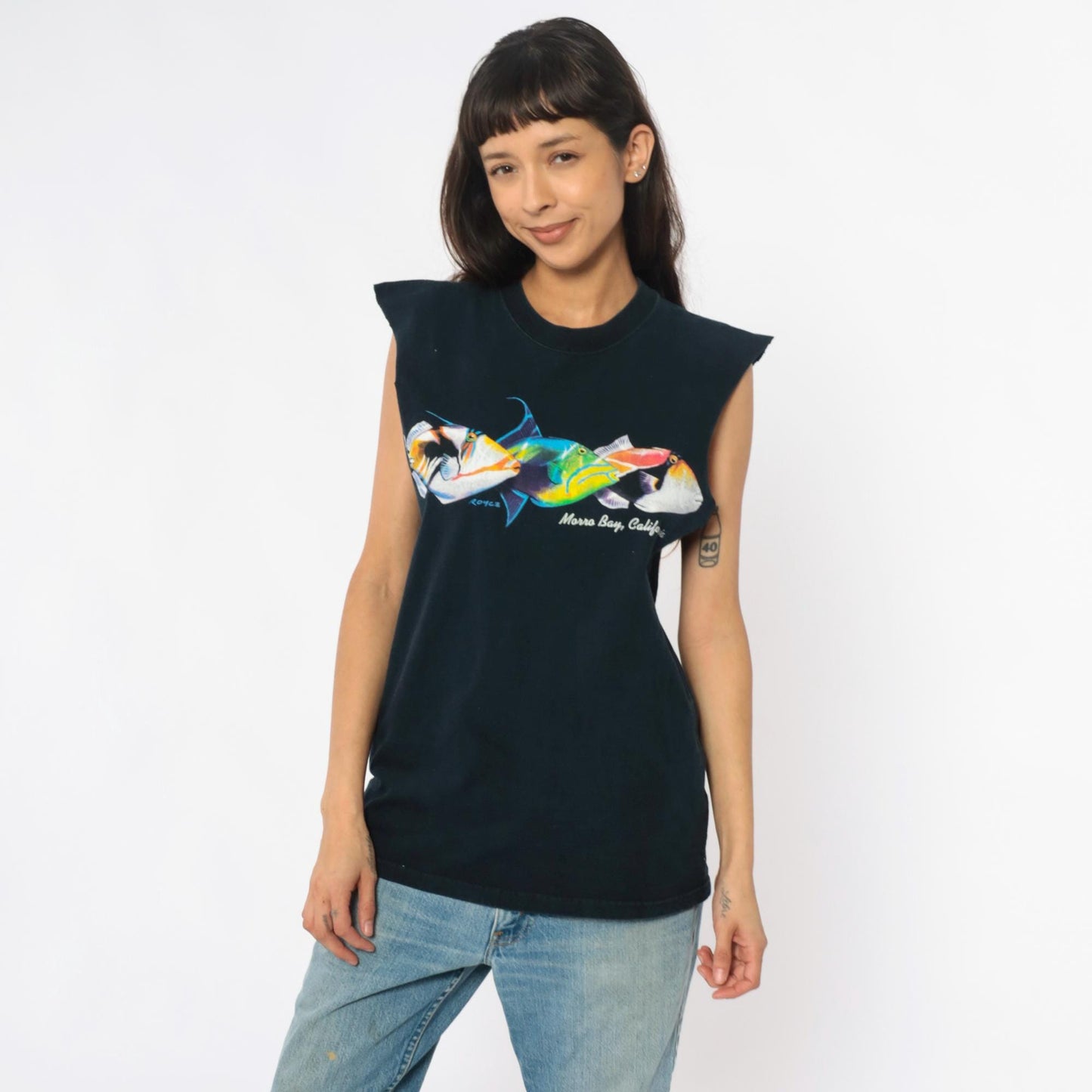 90s Fruit of the Loom Fish Tank Morro Bay Graphic Tank Top Black Cotton Medium M