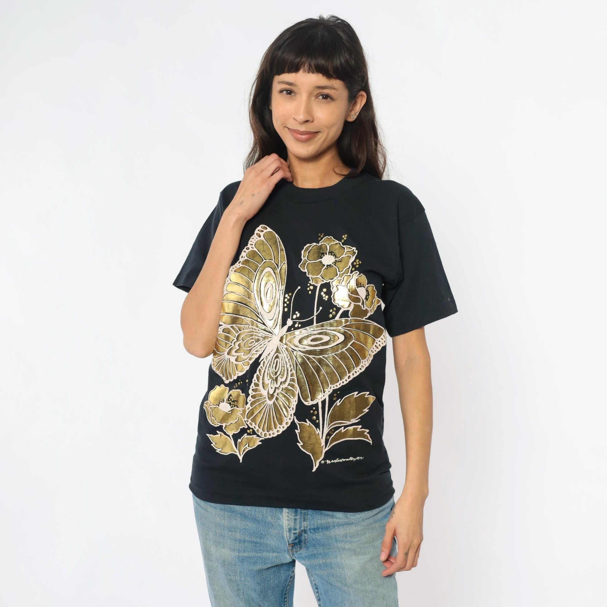 90s Gold Butterfly Floral Graphic T-Shirt Black Screen Stars Best Medium
