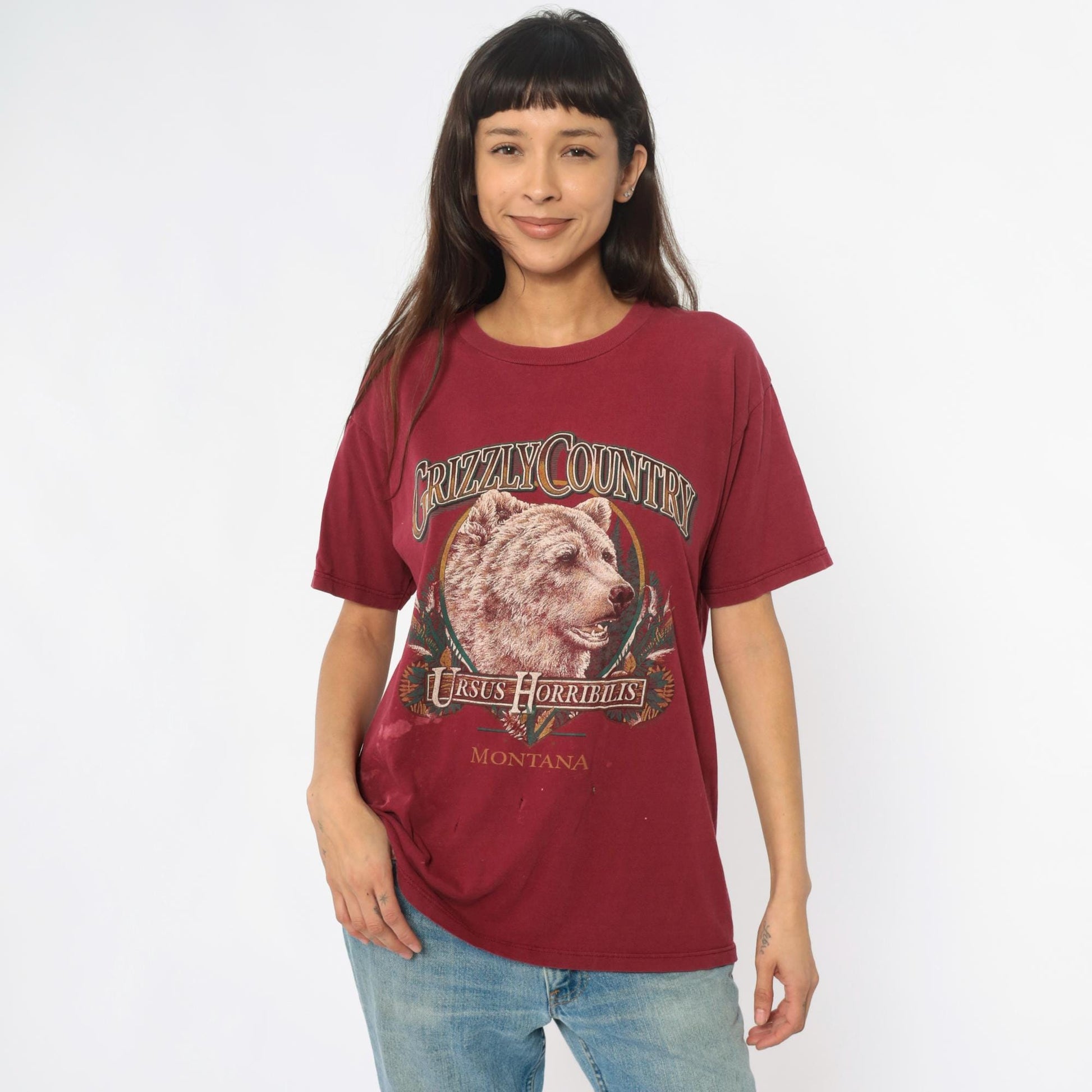 90s Grizzly Bear Montana Graphic Tee Burgundy Cotton Medium M