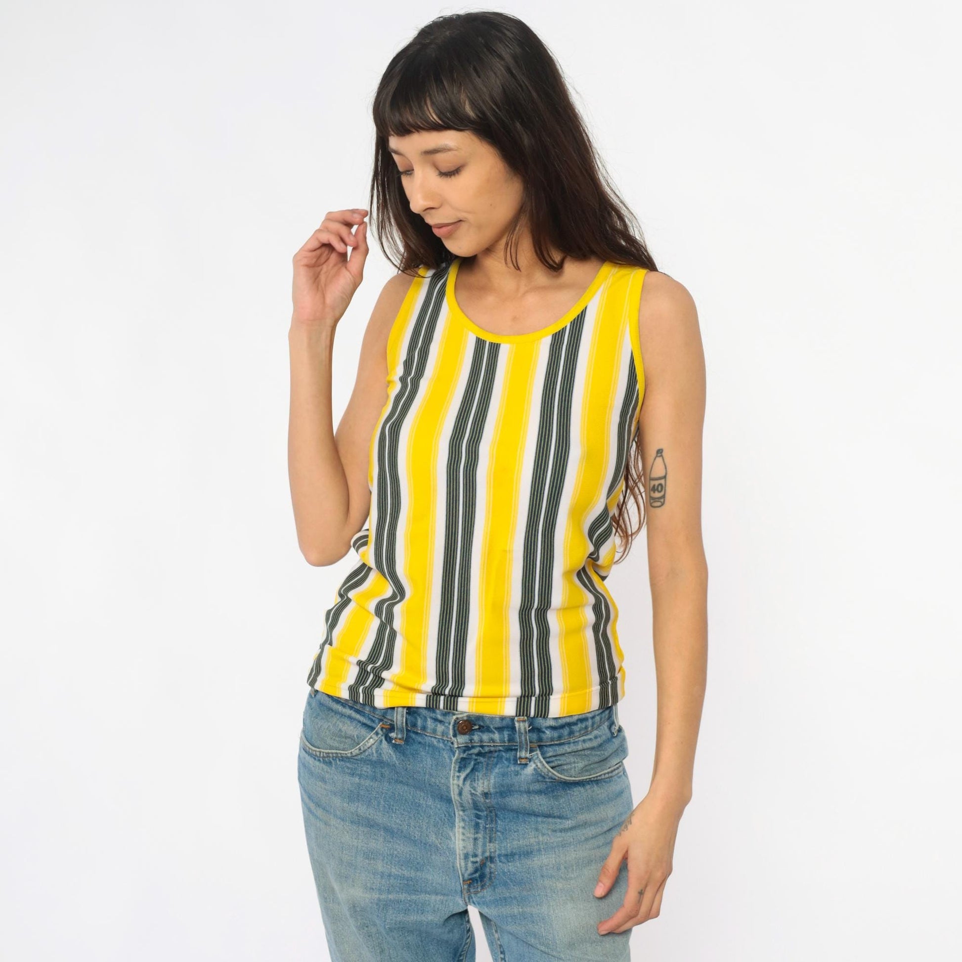 70s Yellow Black White Vertical Stripe Tank Top Scoop Neck Extra Small XS