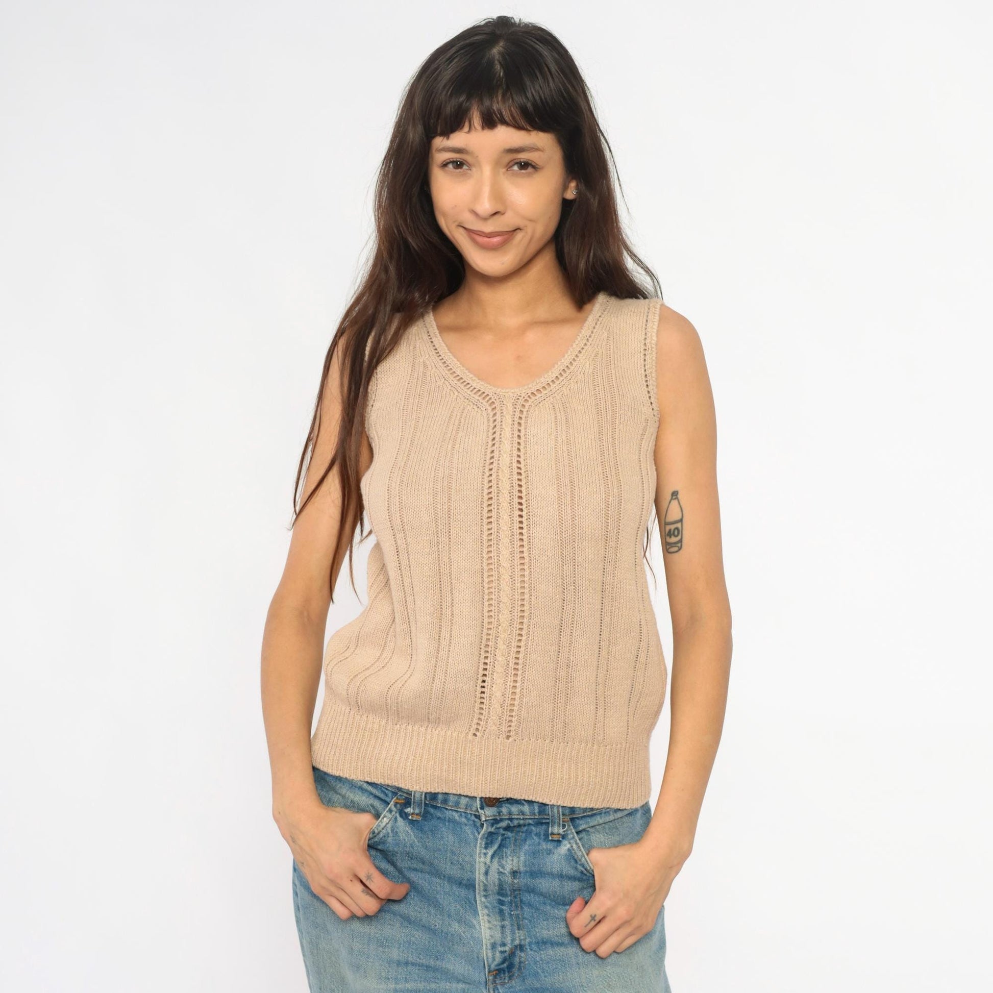 90s Crystal Cream Knit Tank V-Neck Cable Pointelle Cropped Medium M
