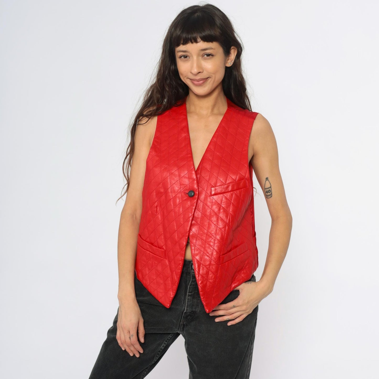 90s Red Leather Quilted Diamond Vest Adjustable Medium M