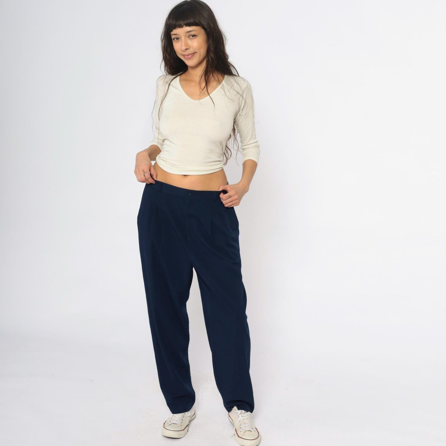 80s Briggs New York Navy Trousers High Rise Elastic Waist Straight Leg Large