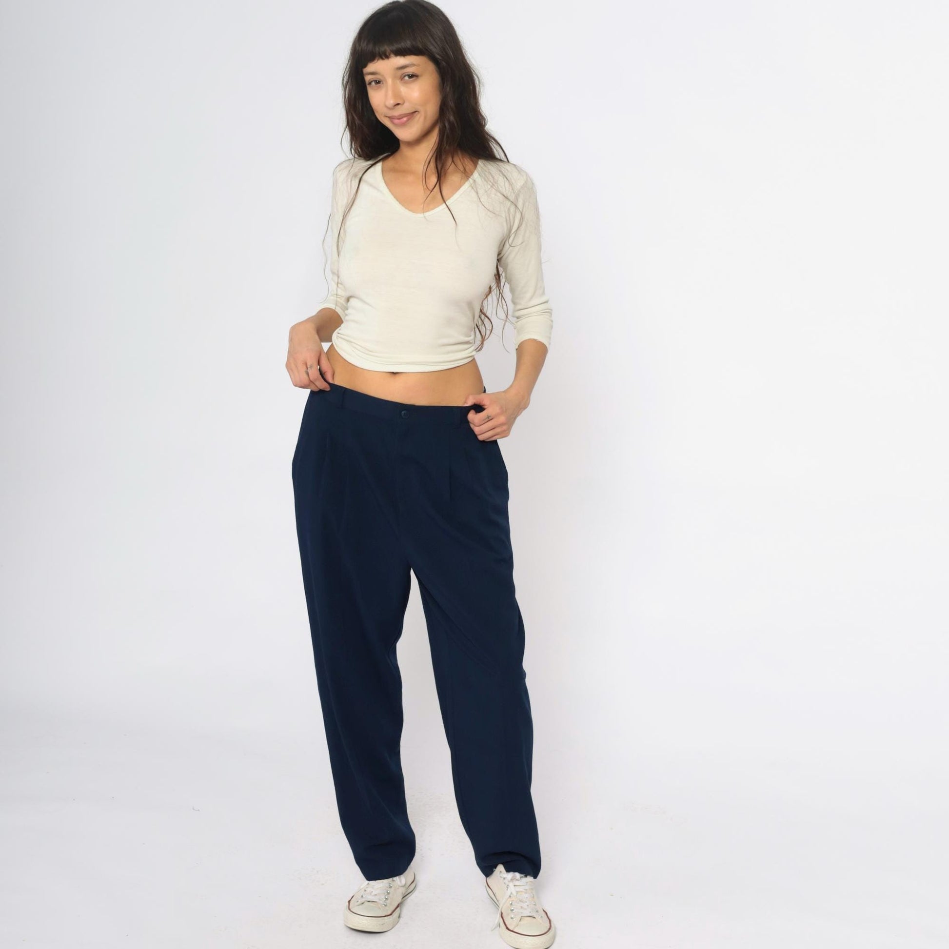 80s Briggs New York Navy Trousers High Rise Elastic Waist Straight Leg Large