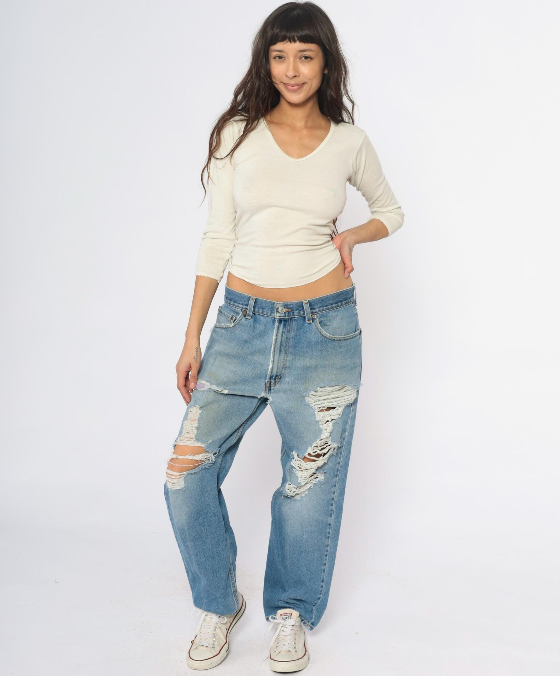 Y2K Levi's 550 Light Wash Distressed Jeans Ripped Thighs Relaxed Fit 34x29