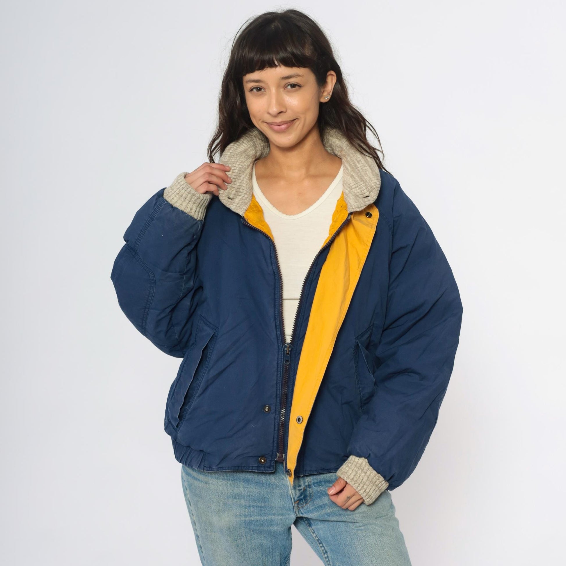 90s John Ashford Navy Bomber Jacket Down Fill Sherpa Collar Yellow Lining Large L