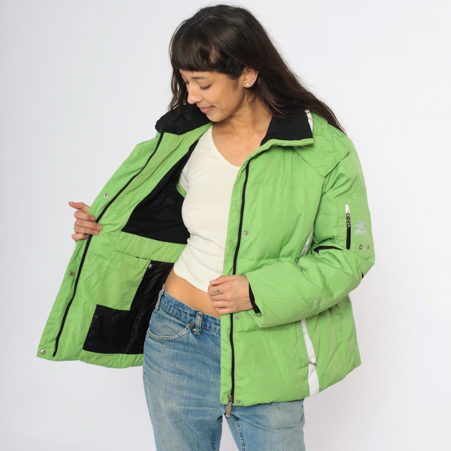 Y2K Zero Xposur Lime Green Colorblock Ski Jacket Hooded Puffer Extra Large