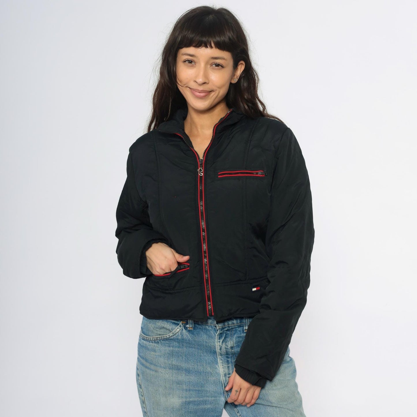 Y2K Tommy Jeans Rainbow Stripe Puffer Jacket Black Cropped Bomber Extra Small XS