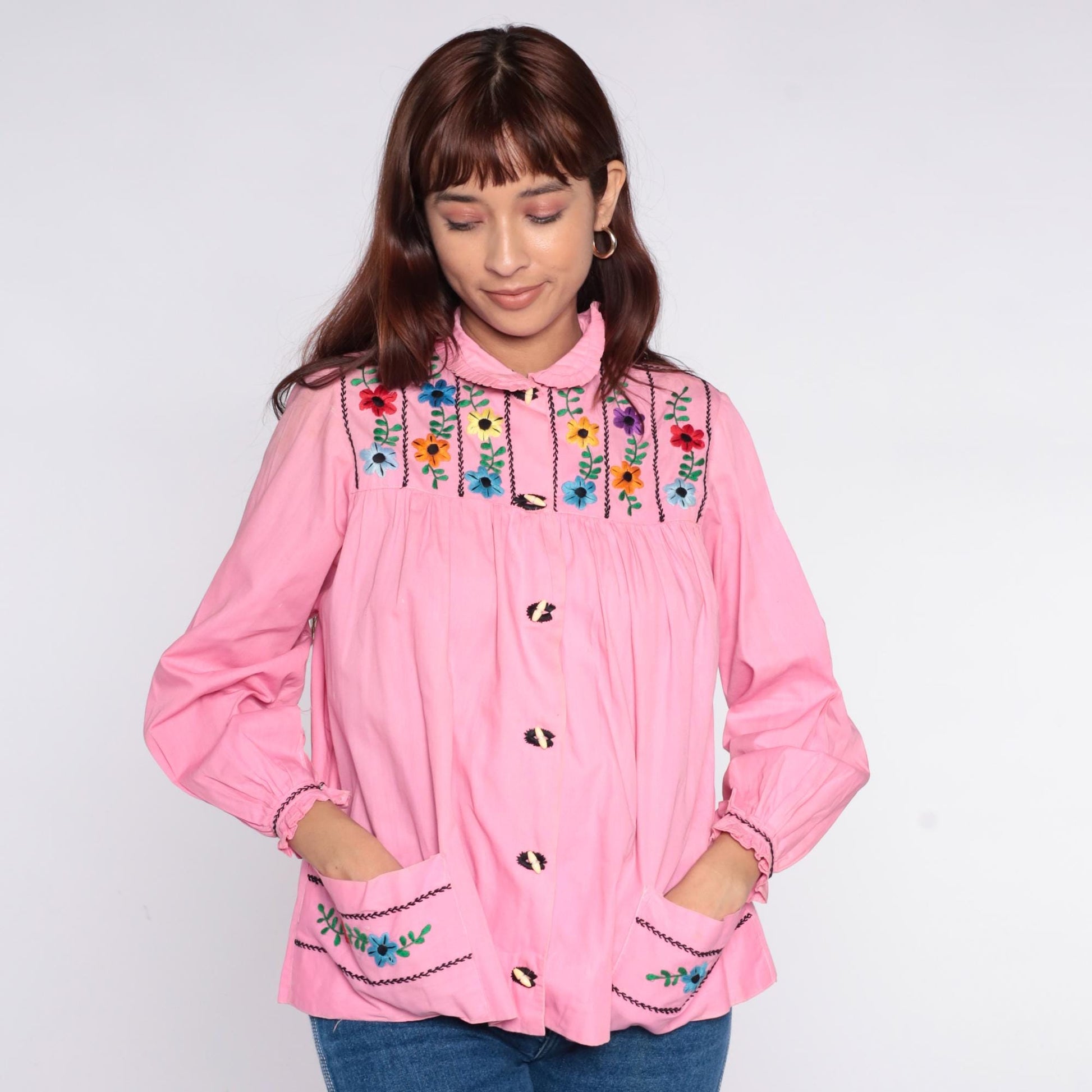 70s Mexican Embroidered Pink Floral Blouse Peter Pan Collar Cotton XS