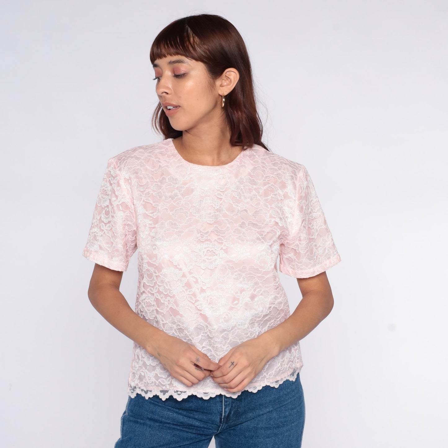 80s Appleseed's Pink Lace Blouse White Floral Scalloped Keyhole Back Medium M