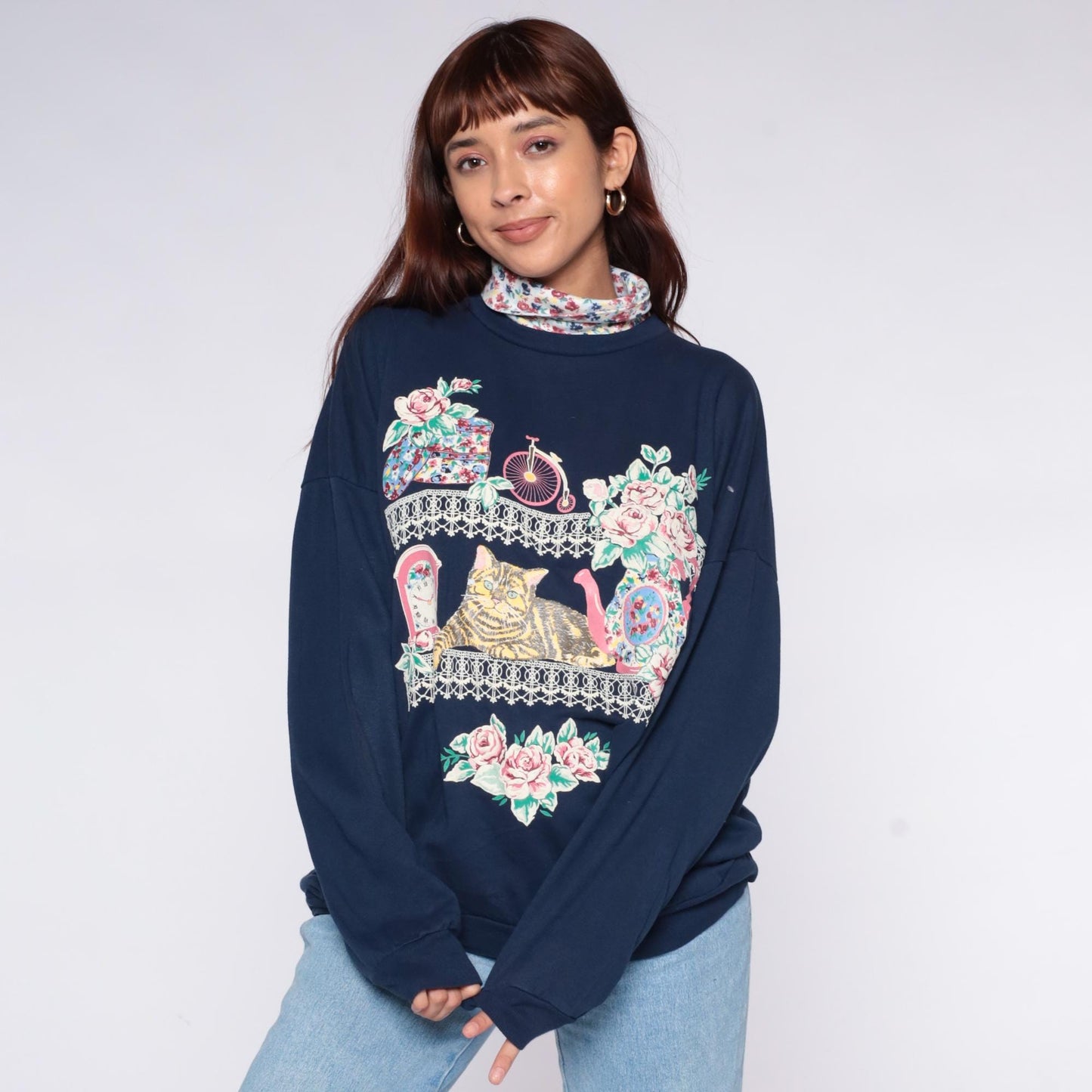 90s Act 3 Cat Sweatshirt Navy Blue Floral Turtleneck Graphic Extra Large XXL