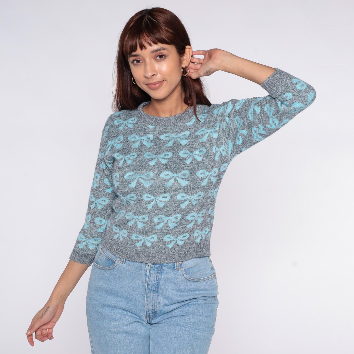 80s Go Nitty Grey Turquoise Bow Knit Sweater Cropped Crew Neck Extra Small
